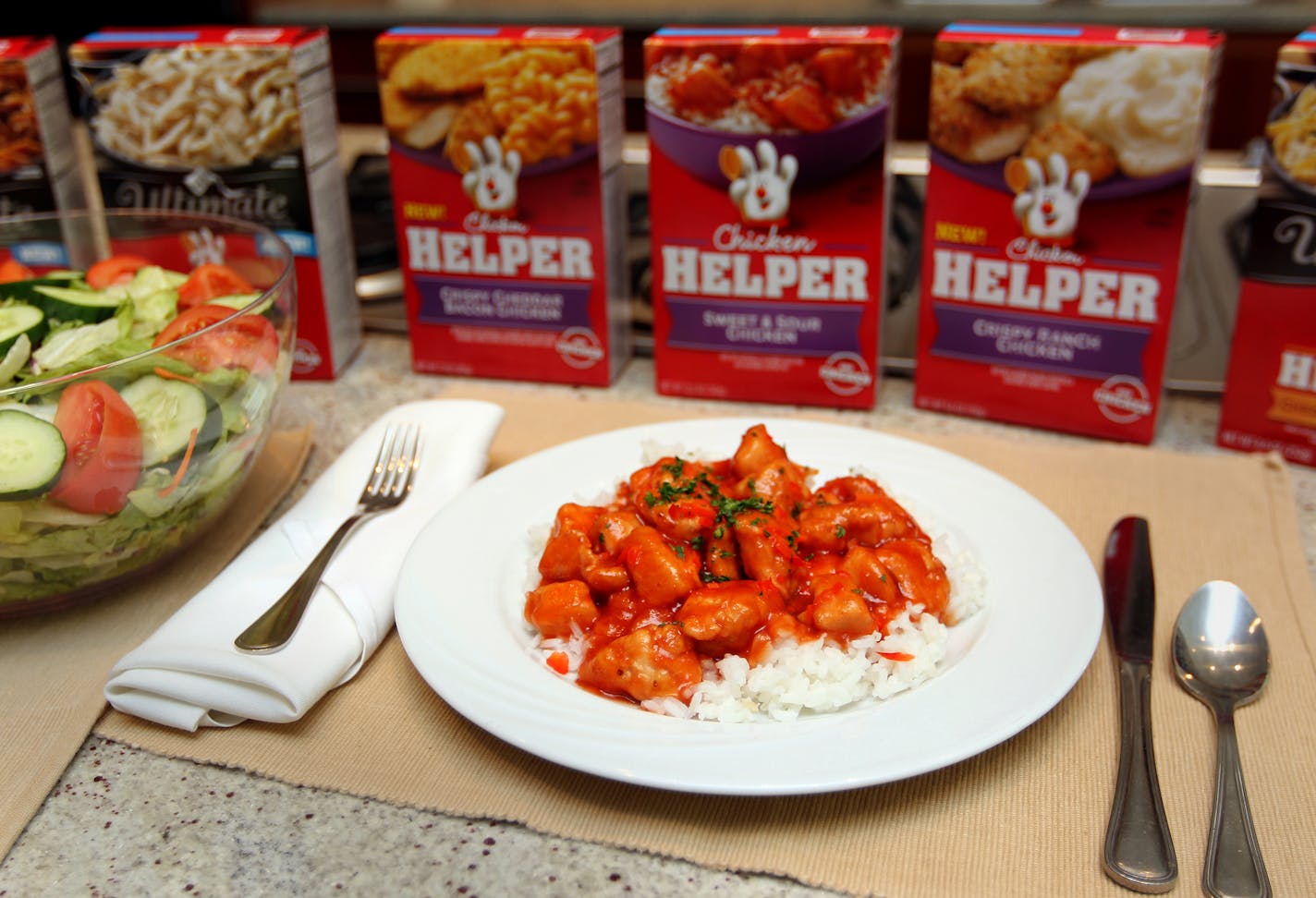 Sweet and Sour Chicken Helper is part of the new rebranding of the Hamburger Helper product, photographed at the General Mills offices in Golden Valley, Minn., on Tuesday, June 25, 2013.