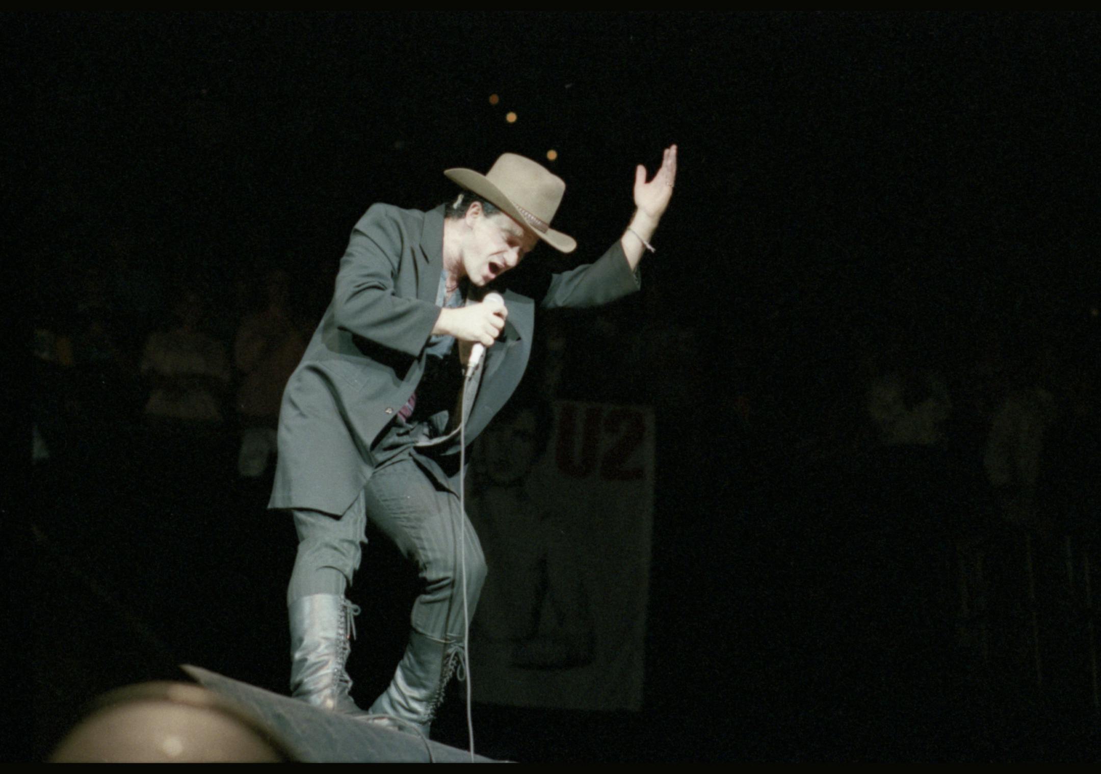 A file photo showing Bono on the "Joshua Tree" tour at the St. Paul Civic Center in 1987.