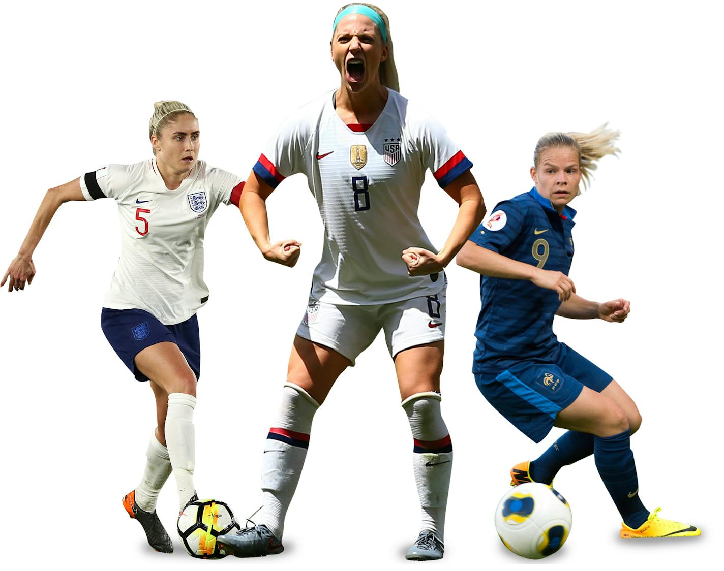 Defensive midfielder Julie Ertz, center, is one of the key players for the U.S. team, the defending Women's World Cup champion. Steph Houghton, left, of England and Eugenie Le Sommer, right, of France, hope they can lead their respective teams to the trophy this time, especially with the matches in France.