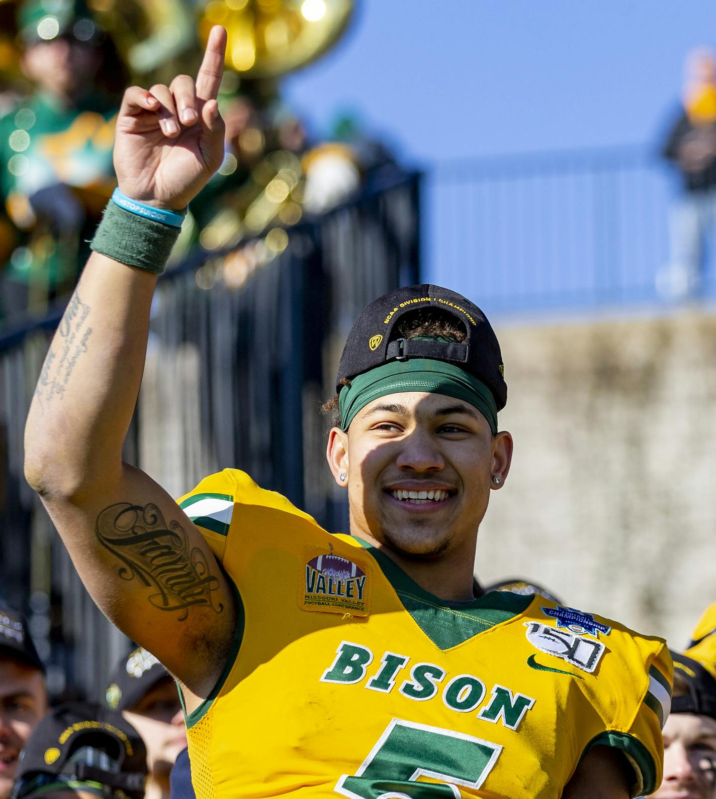 North Dakota State quarterback Trey Lance (5) celebrates after beating James Madison 28-20 in the FCS championship NCAA college football game, Saturday, Jan. 11, 2020, in Frisco, Texas. (AP Photo/Sam Hodde) ORG XMIT: TXSH121