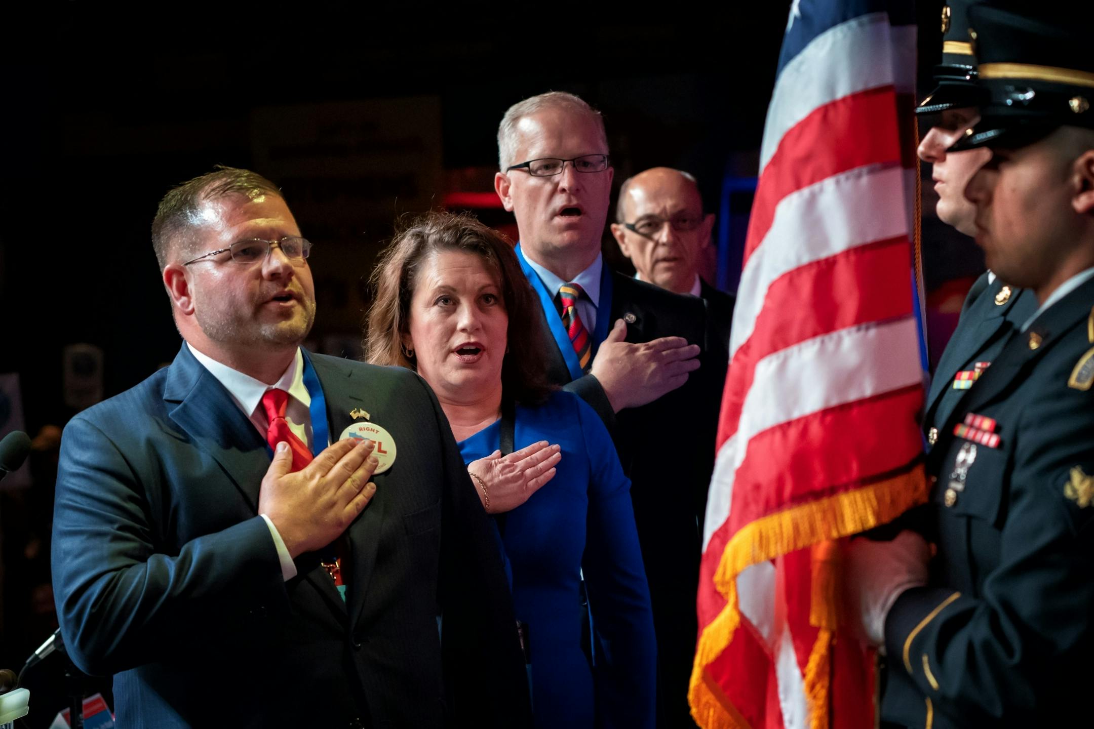 Veteran and CD2 deputy chair Adam Gilbertson led the Pledge of Allegiance along with convention Co-chairs Sen. Michelle Benson and Rep. Jim Nash.