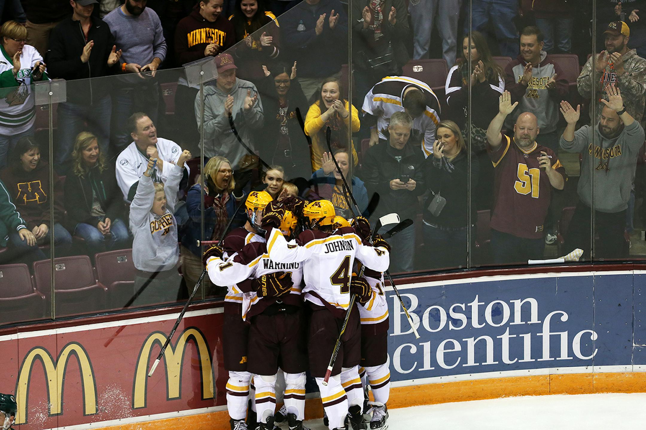 University of Minnesota celebrates a goal in the second period against Bemidji State at Mariucci Arena in Minneapolis on Saturday, October 25, 2014. ] LEILA NAVIDI leila.navidi@startribune.com /