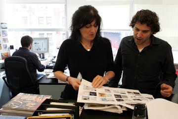 (NYT24) NEW YORK -- Oct. 3, 2004 -- GOURMET-COOKBOOK -- Ruth Reichl and Richard Ferretti of Gourmet magazine in the office in New York on Sept. 21, 20