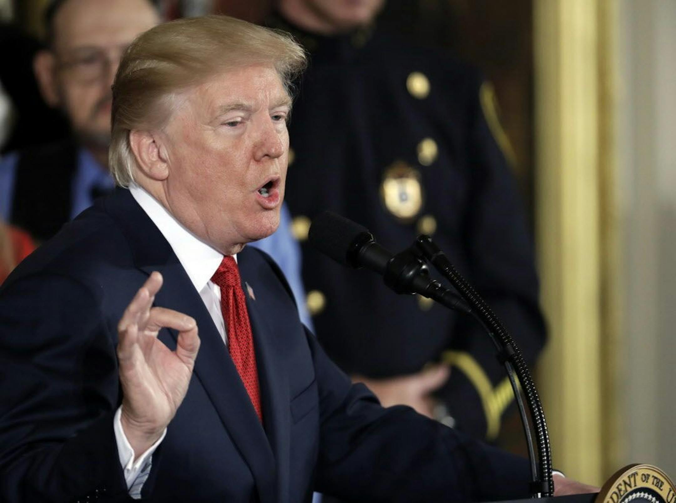 President Donald Trump speaks during an event to declare the opioid crisis a national public health emergency in the East Room of the White House, Thursday, Oct. 26, 2017, in Washington.