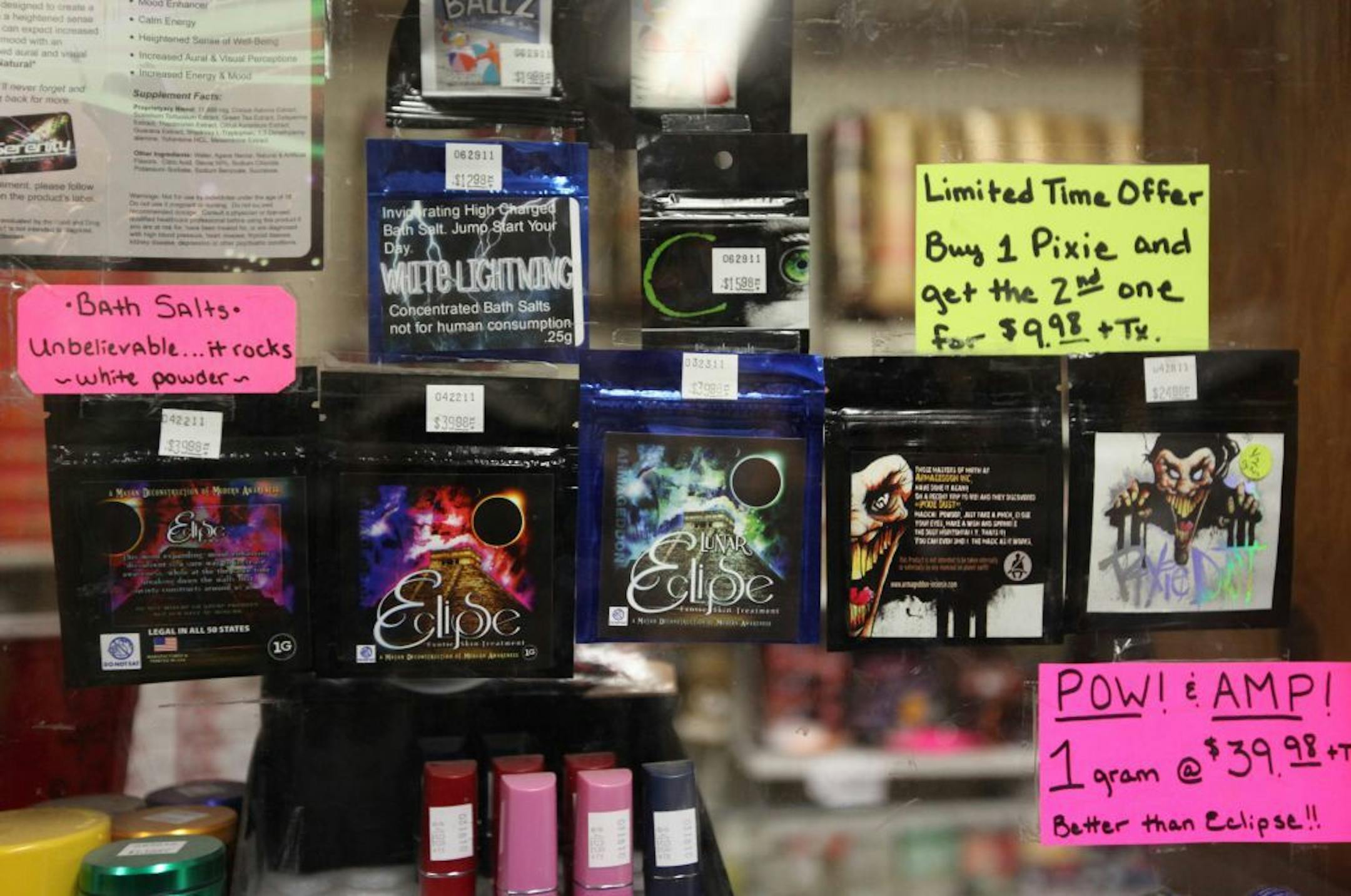 A selection of synthetic drugs, on the shelf at the Last Place on Earth in Duluth the day before the ban went into effect.