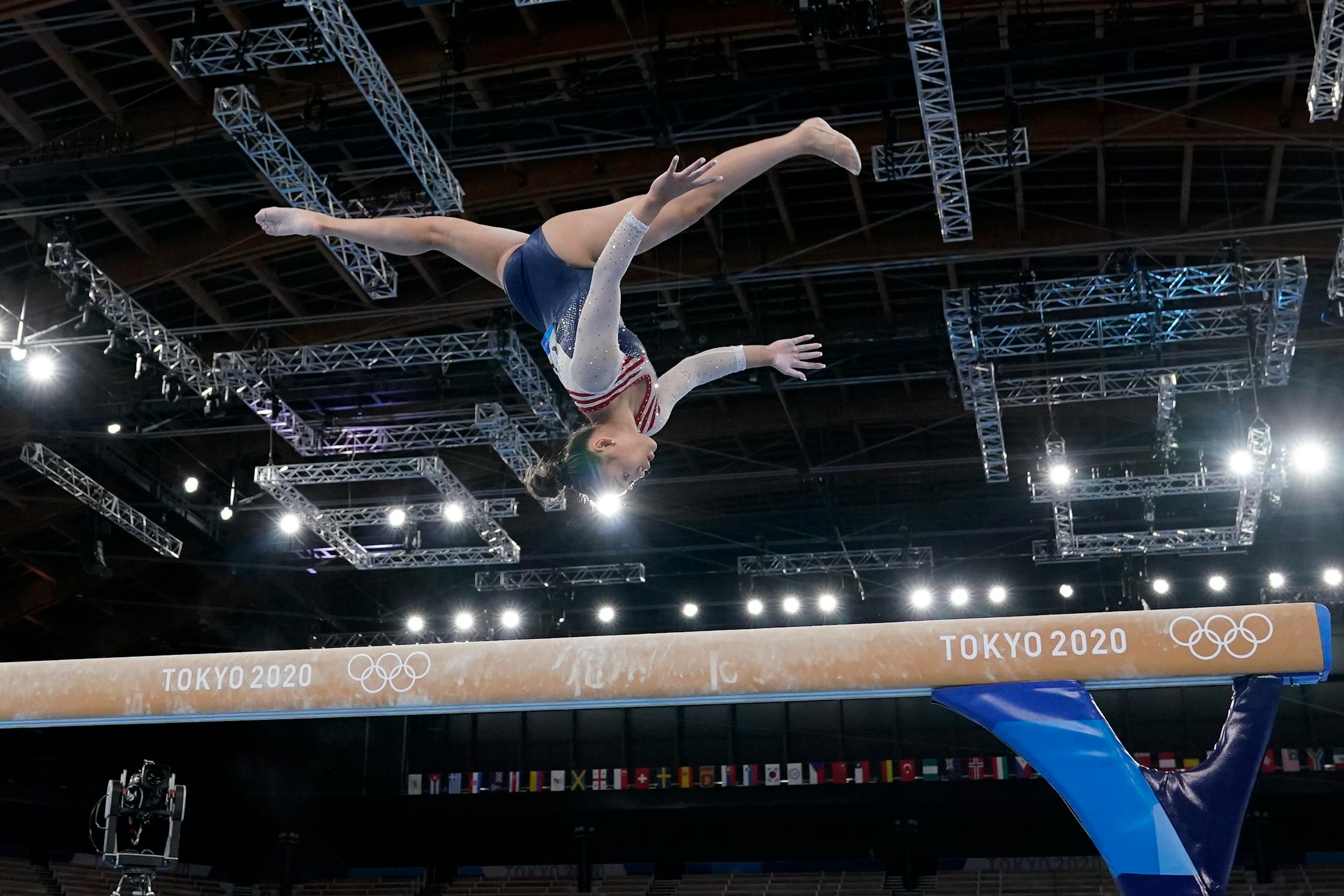 Suni Lee, of the United States, performs on the balance beam during the artistic gymnastics women's all-around final at the 2020 Summer Olympics, Thursday, July 29, 2021, in Tokyo. (AP Photo/Gregory Bull)