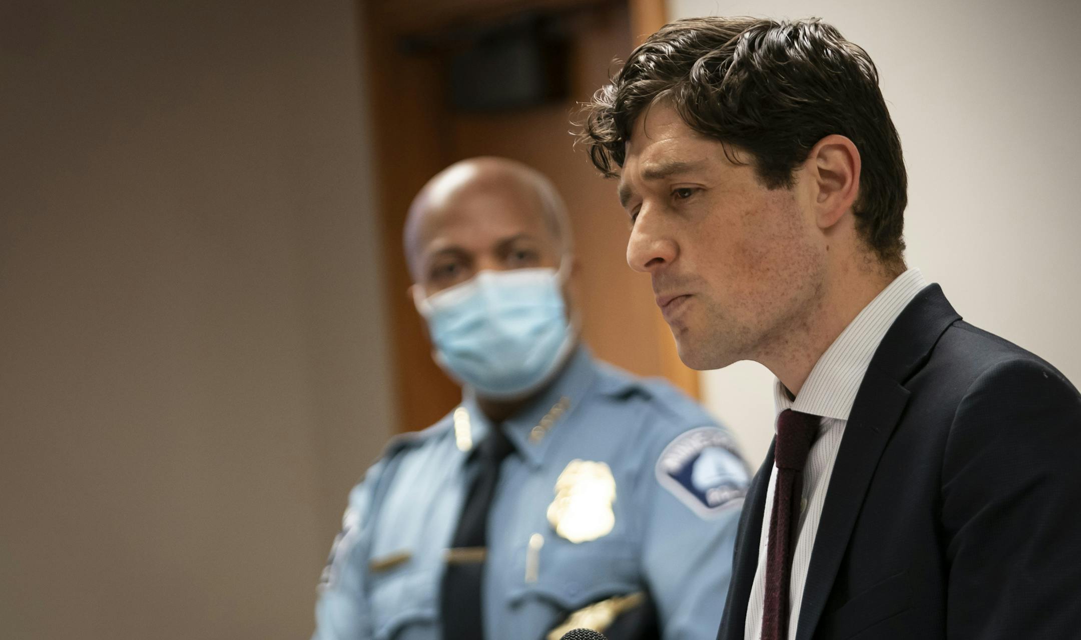Mayor Jacob Frey spoke at a press conference at City Hall in Minneapolis about how he did not agree with a proposal by several city council members to cut the police budget.