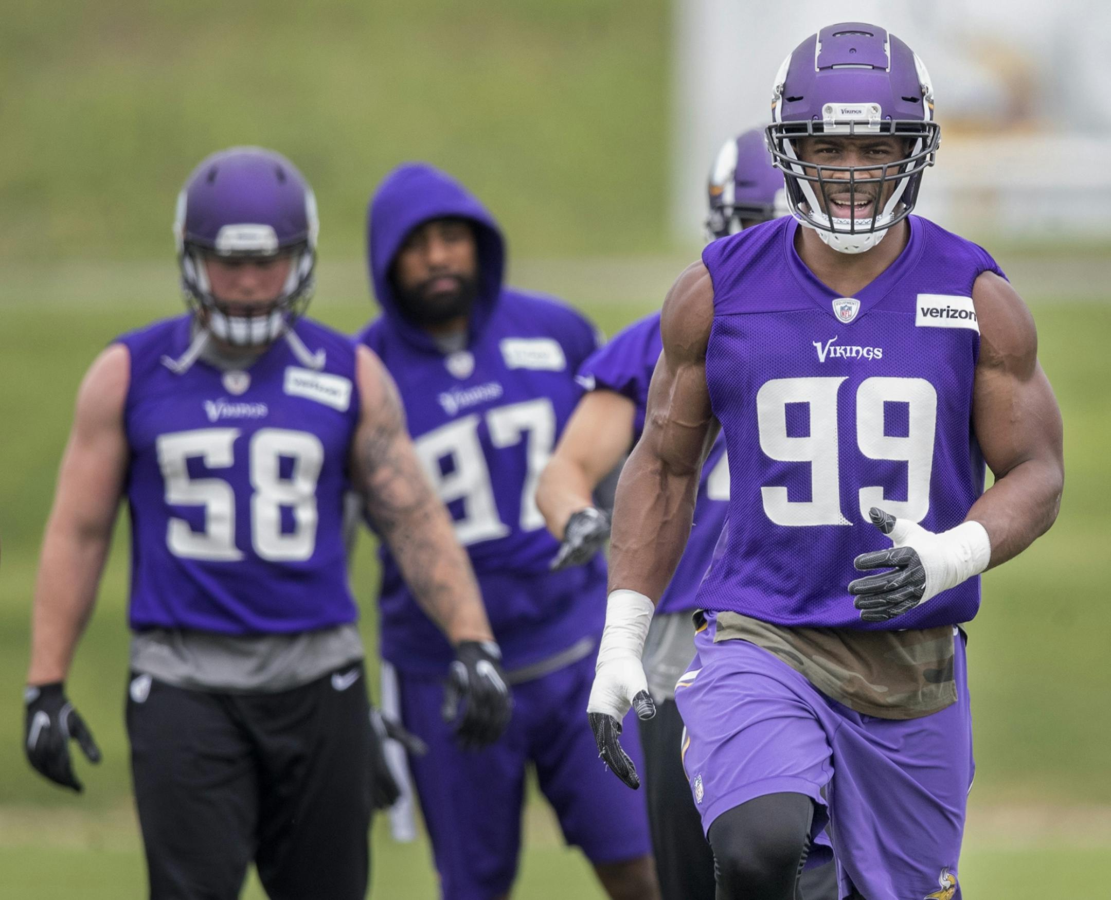 Defensive end Danielle Hunter took to the field for the first day of mandatory Vikings three-day minicamp at the TCO Vikings Performance Center, Tuesday, June 12, 2018 in Eagan, MN.