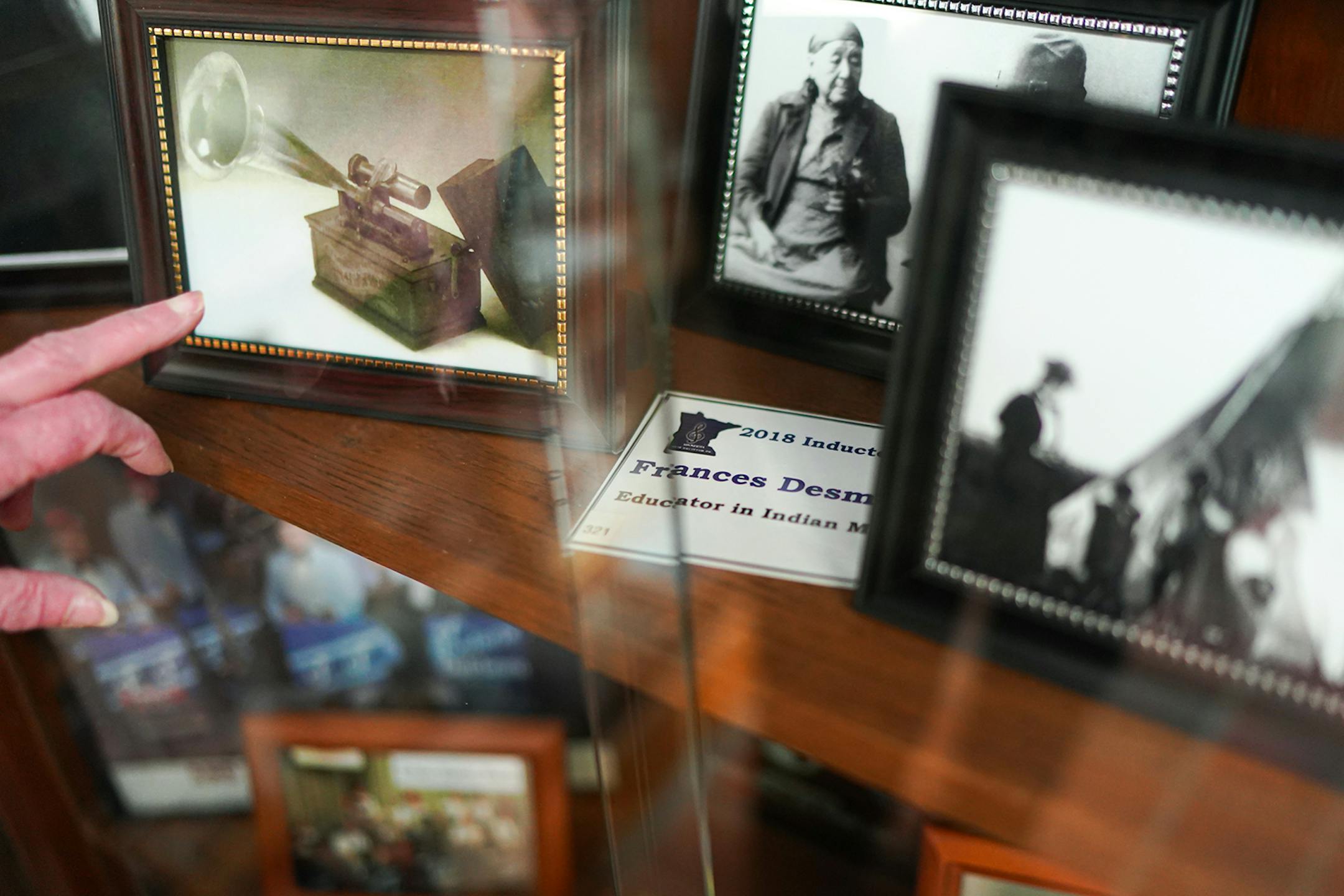 2018 inductee Frances Densmore was an American anthropologist who studied and recorded native American music , in a display at The Minnesota Music Hall of Fame in New Ulm, Minnesota.