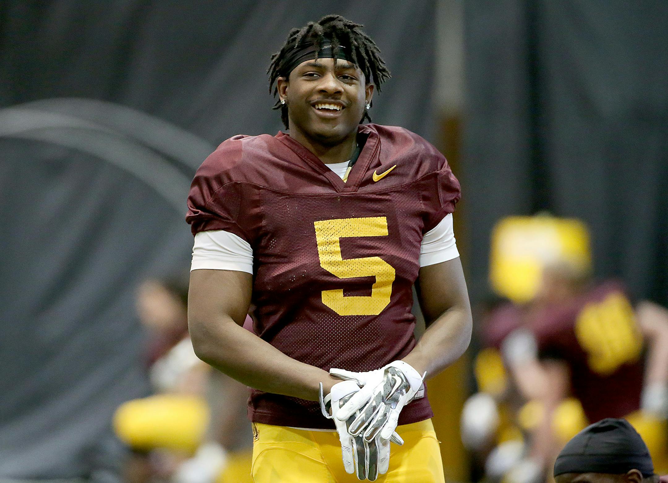 Defensive back Jalen Myrick took to the practice field at the Gibson-Nagrski Football Complex at the U of M, Thursday, April 7, 2016 in Minneapolis, MN. ] (ELIZABETH FLORES/STAR TRIBUNE) ELIZABETH FLORES • eflores@startribune.com