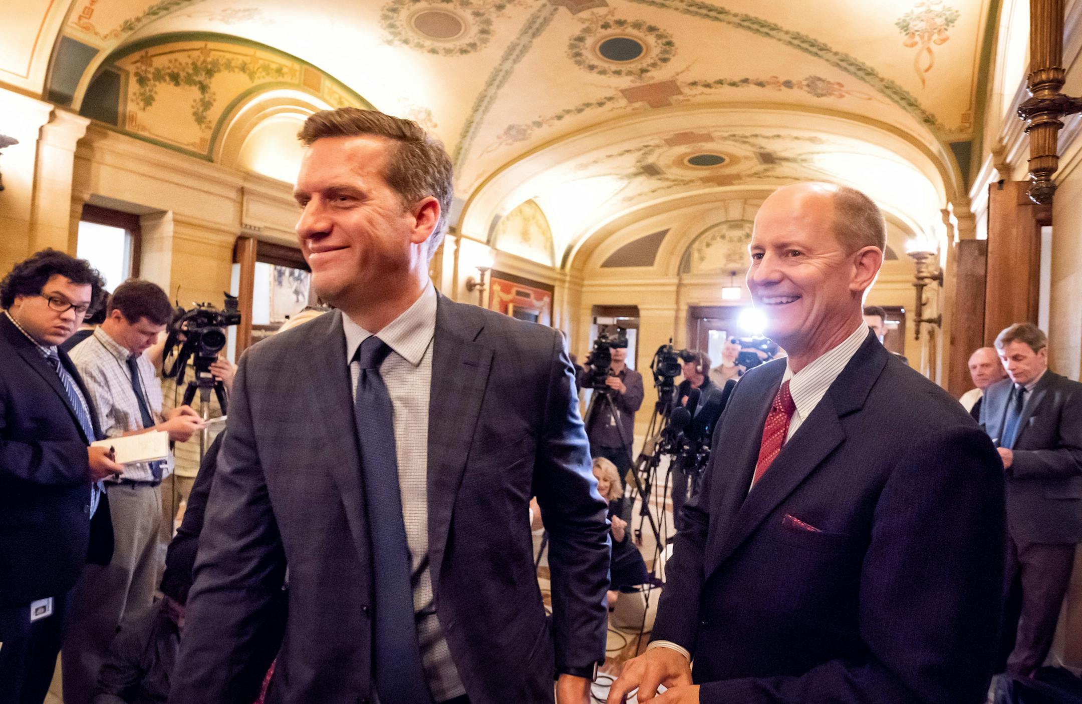 House Speaker Kurt Daudt and Senate Majority Leader Paul Gazelka smiled at the end of their news conference saying they were heading to a room to wait for the Governor to meet with them. Something the Governor did not intend to do. The pair gave a Republican response to the Governors positions on tax and budgeting in the final week of the session. ] GLEN STUBBE • glen.stubbe@startribune.com Monday, May 14, 2018