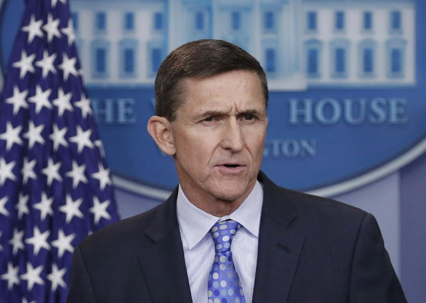 FILE - In this Feb. 1, 2017, file photo, then-National Security Adviser Michael Flynn speaks during the daily news briefing at the White House, in Washington.