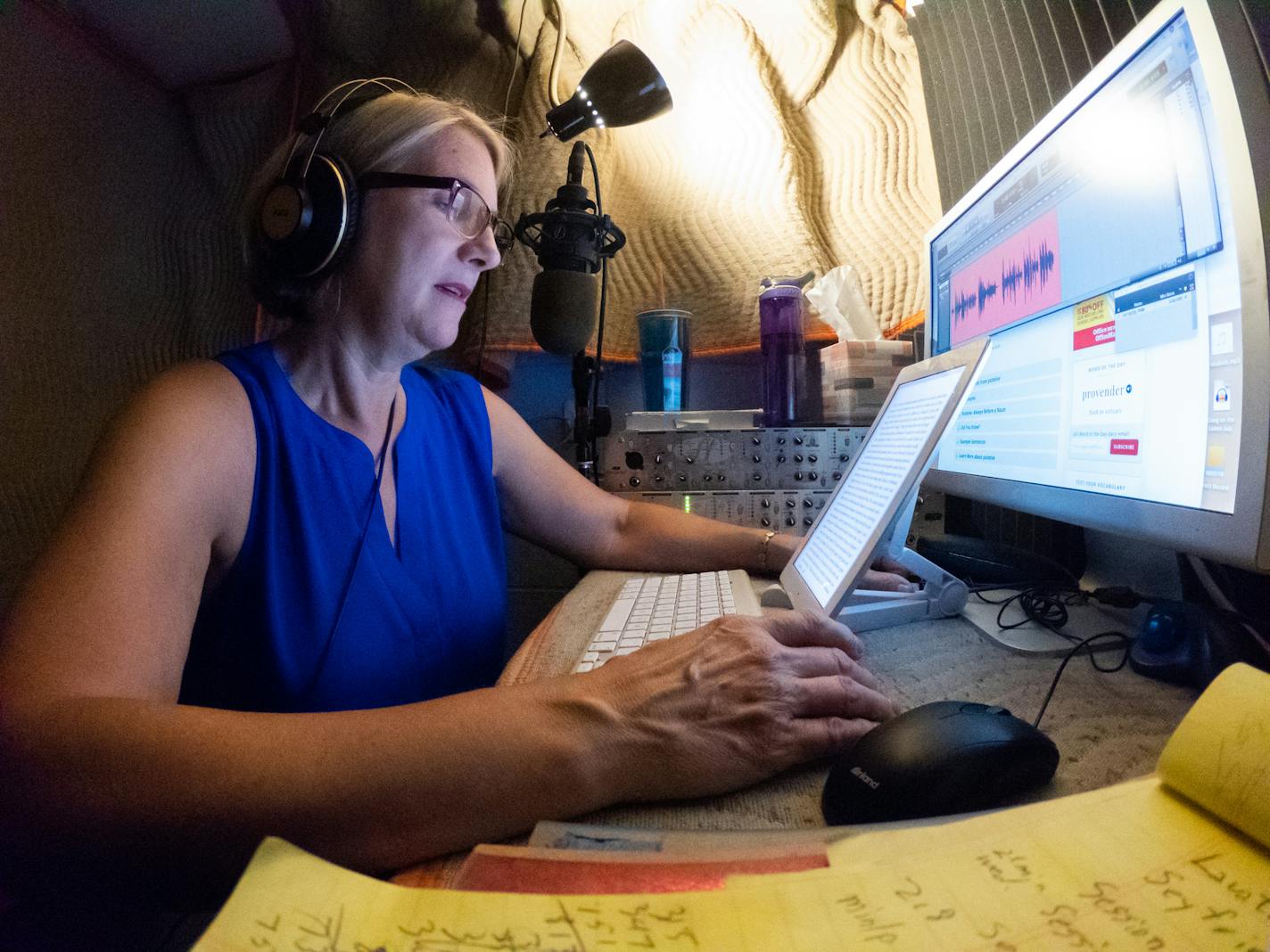 Susan Erickson reads "I Am a Stranger Here Myself" in the basement recording booth she shares with her husband. The audio book will be released simultaneously with the print edition. ] MARK VANCLEAVE &#xa5; Susan Erickson and her husband David Colacci are professional narrators. The couple record hundreds of audio books in the basement of their St. Louis Park home. Photographed Thursday, Jul 18, 2019.