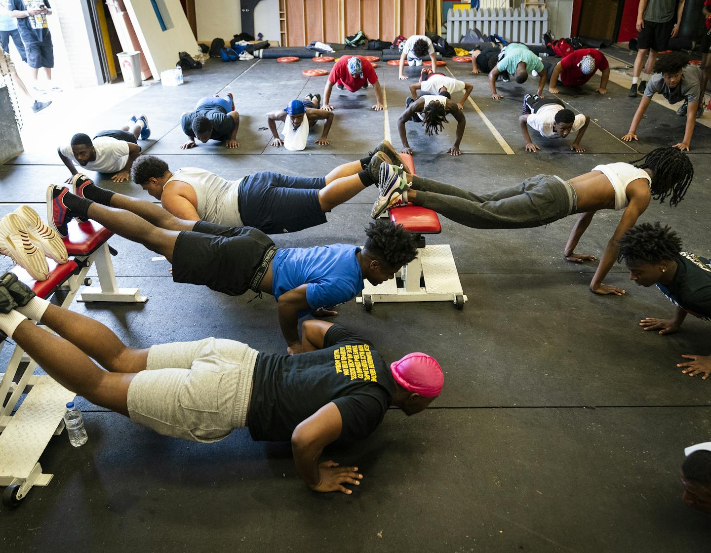 The Minneapolis North High School football team worked out during the first available day of summer workouts in the Minneapolis North High School weight room. ] LEILA NAVIDI • leila.navidi@startribune.com BACKGROUND INFORMATION: The Minneapolis North High School football team worked out during the first available day of summer workouts for high school athletes and coaches in Minneapolis on Monday, June 15, 2020.