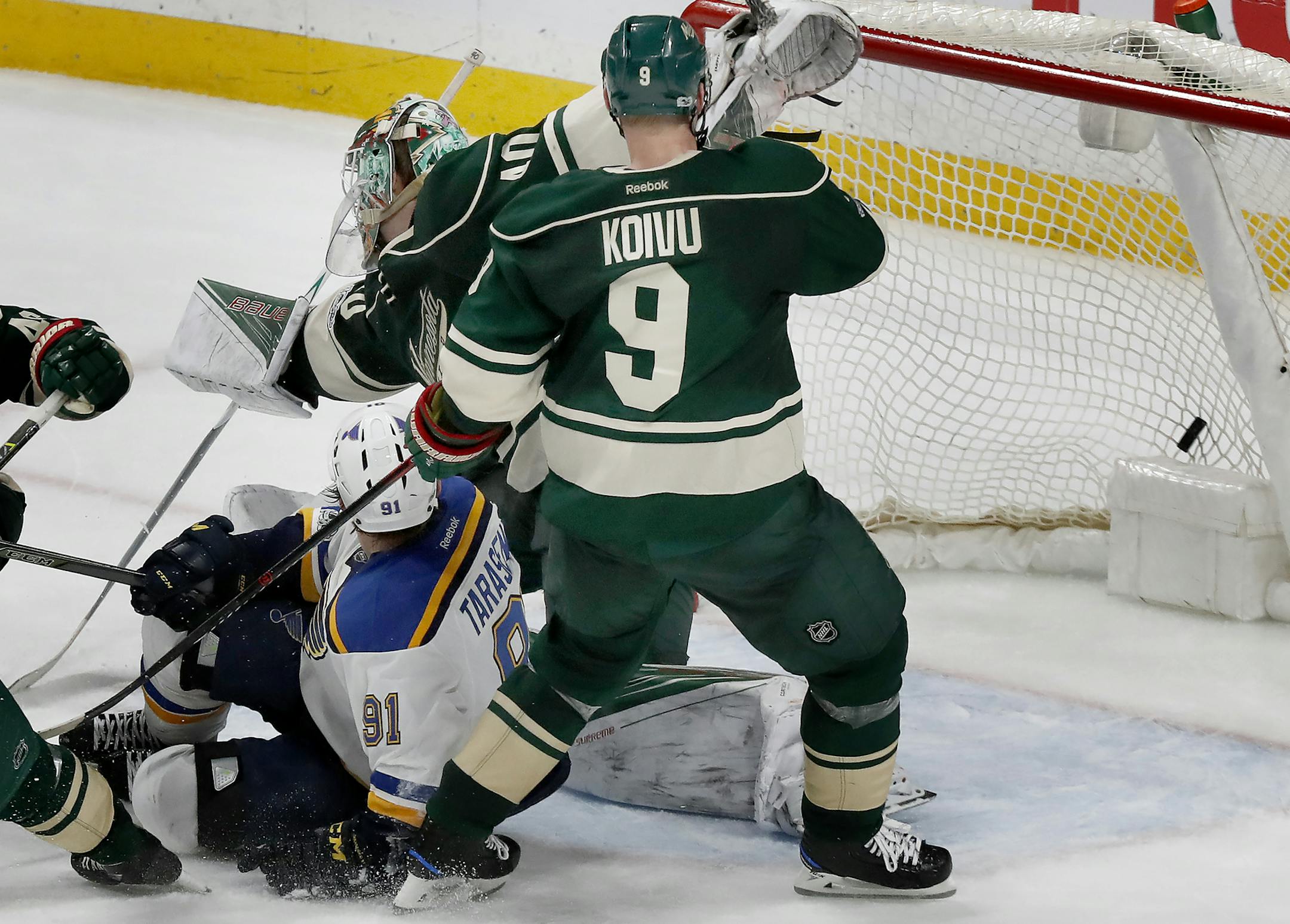Joel Edmundson (6) shot the puck past Minnesota Wild goalie Devan Dubnyk (40) for gaming goal in overtime. ] CARLOS GONZALEZ &#xef; cgonzalez@startribune.com - April 12, 2017, St. Paul, MN, Xcel Energy Center, NHL, Stanley Cup Playoffs, Game 1, Minnesota Wild vs. St. Louis Blues