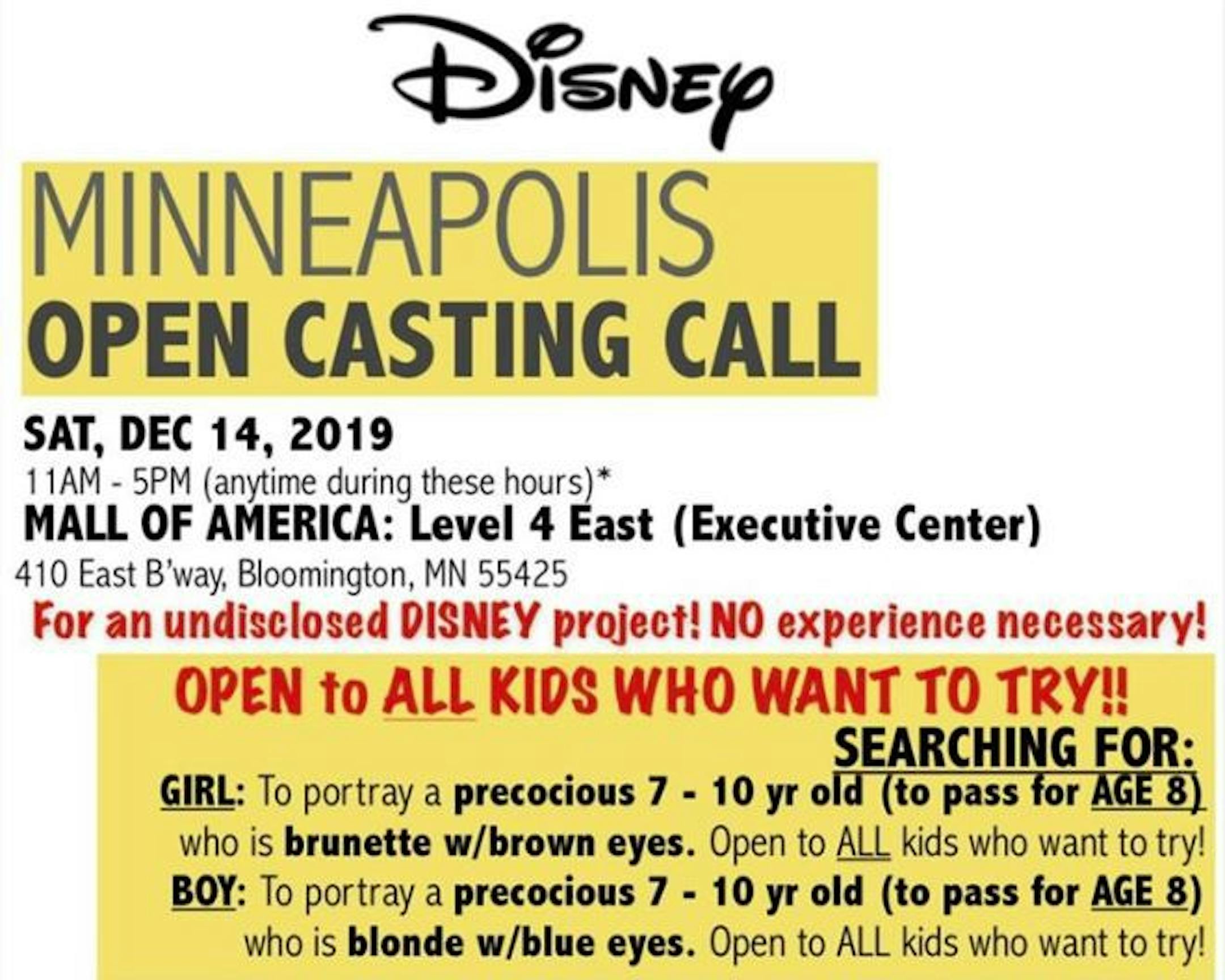 The DeLisi Creative agency posted this notice online as part of its search on behalf of a Disney production.