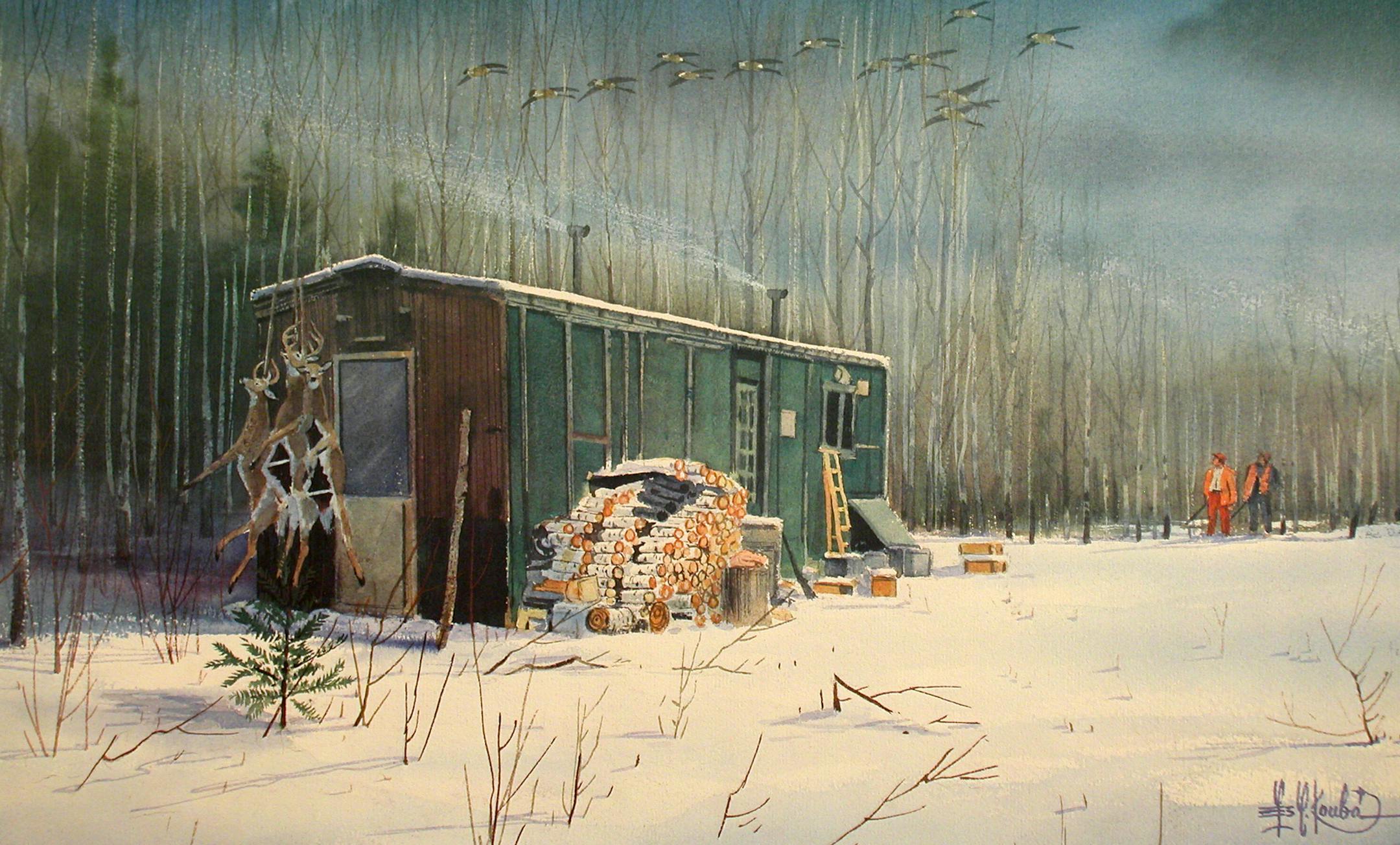 Famed Minnesota artist Les Kouba's painting, Boxcar Bush & Deer, depicted a boxcar converted into a deer hunting shack. The old wood railcars used to be fairly common around Minnesota, but now are rare. Image courtesy of Les Kouba Outdoors