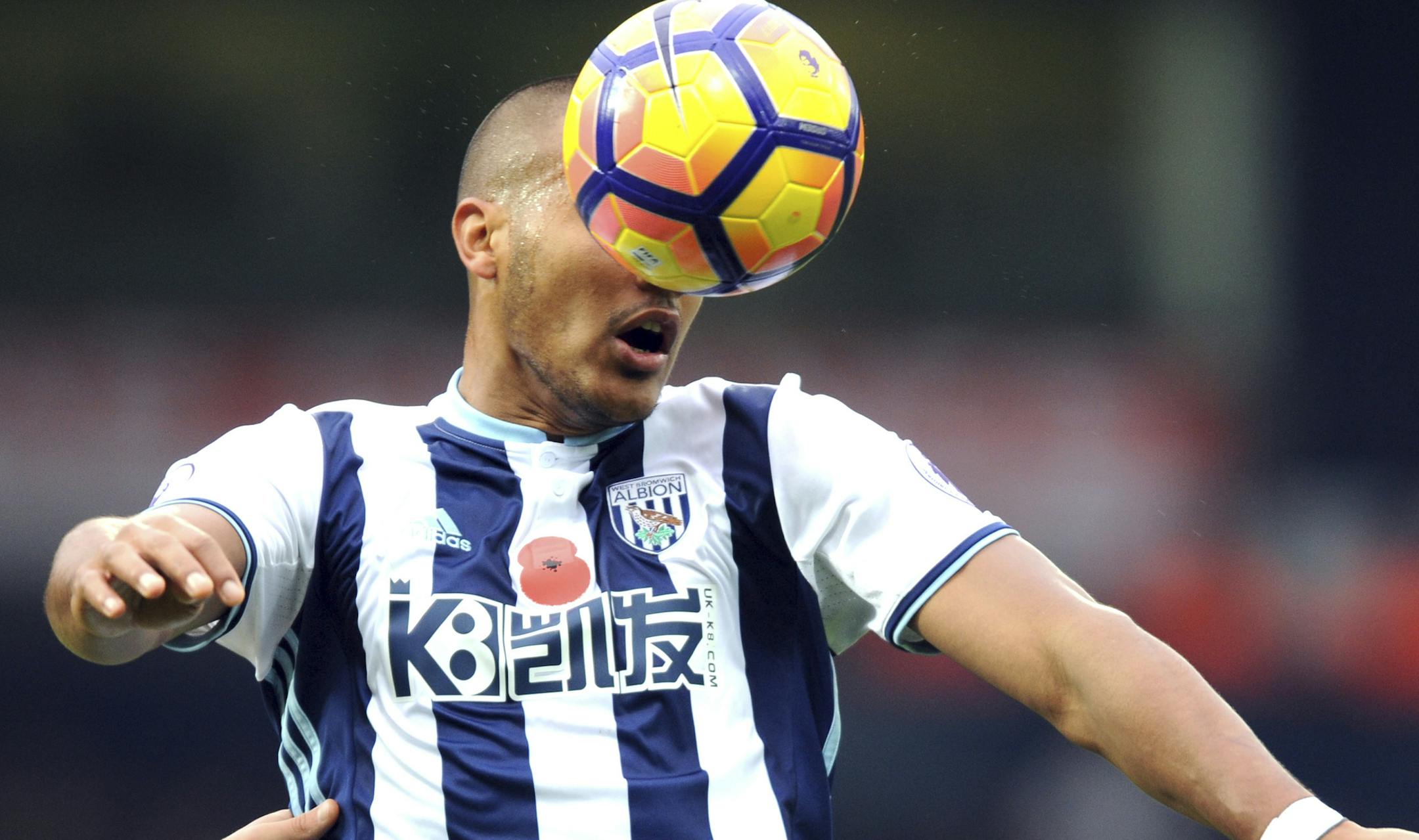 West Brom's Salomon Rondon heads the ball during the English Premier League soccer match between West Bromwich Albion and Manchester City, at the Hawthorns in West Bromwich, England, Saturday, Oct. 29, 2016. (AP Photo/Rui Vieira) ORG XMIT: BRV103