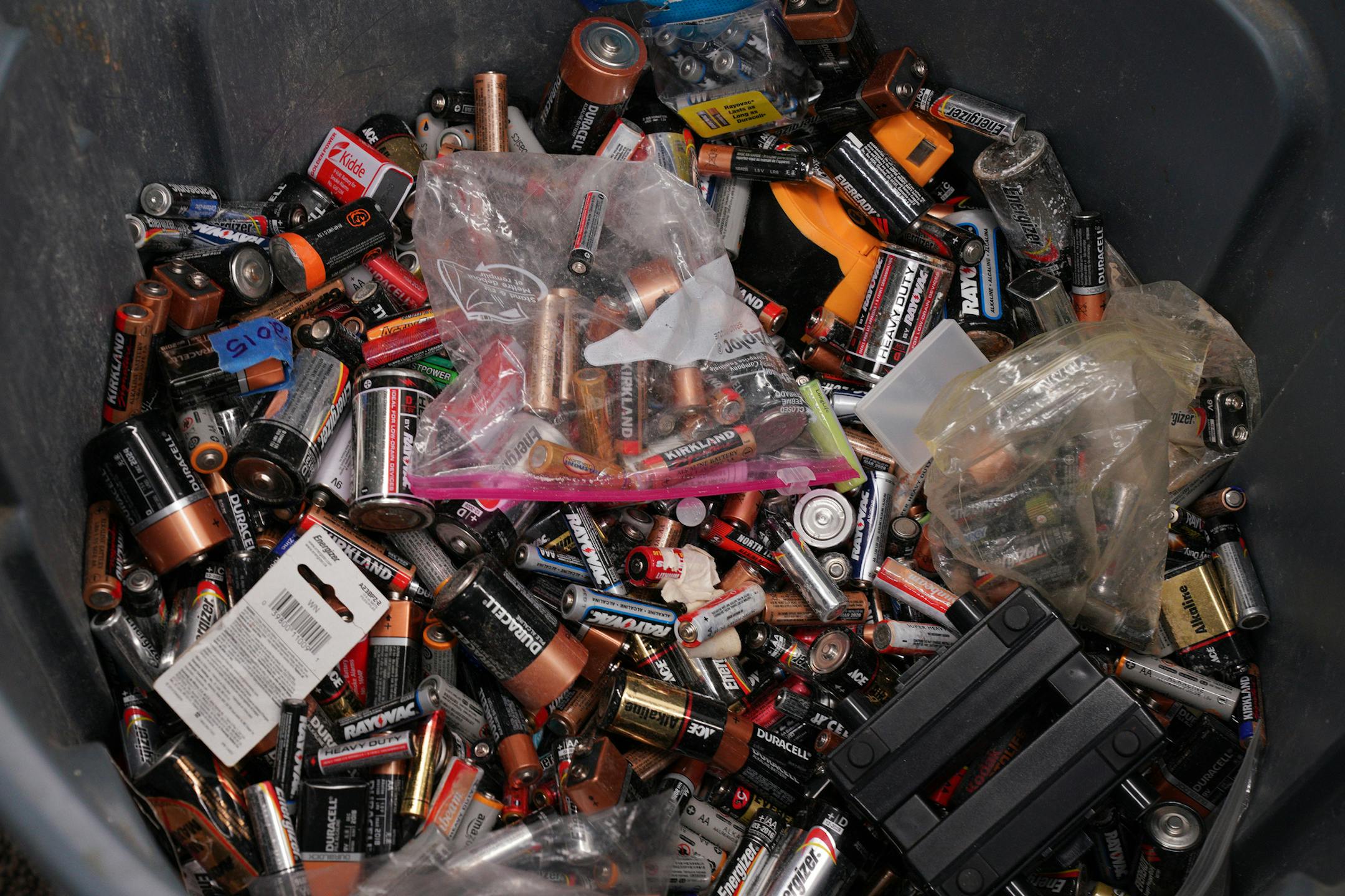 Officials had on hand the actual recycling bin that was at the Westonka Library when a vape pen came in contact with a lithium ion battery which caused a small fire in mid October prompting the department to cease collections at host sites. ] ANTHONY SOUFFLE • anthony.souffle@startribune.com Hennepin County officials held a press conference to announce they are stopping collecting batteries at host sites like libraries and community centers due to fire hazard Wednesday, Oct. 30, 2019 at t