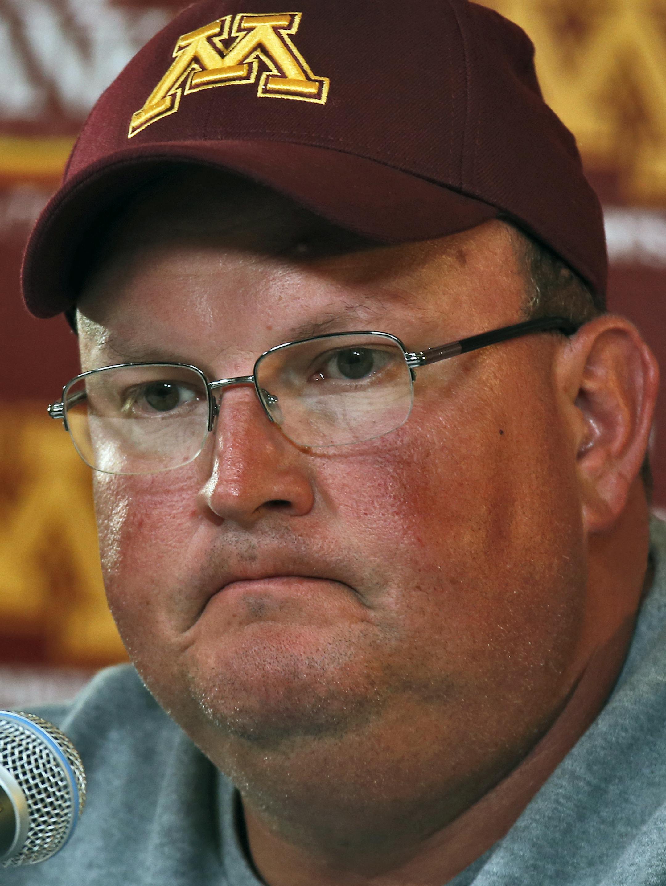 Minnesota Gophers vs. Western Illinois Leathernecks football. Gophers defensive coordinator Tracy Claeys who took over for head coach Jerry Kill at half time showed his concern while talking about Kill's condition at the end of the game. Kill suffered a seizure at halftime. (MARLIN LEVISON/STARTRIBUNE(mlevison@startribune.com)