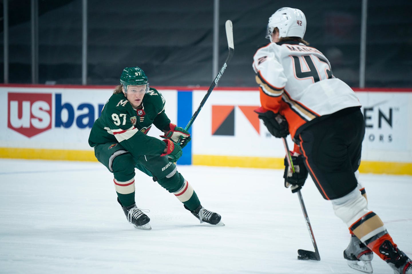 Minnesota Wild left wing Kirill Kaprizov (97) focused on Anaheim Ducks defenseman Josh Manson (42) as he brought the puck out in the first period. ] JEFF WHEELER • jeff.wheeler@startribune.com