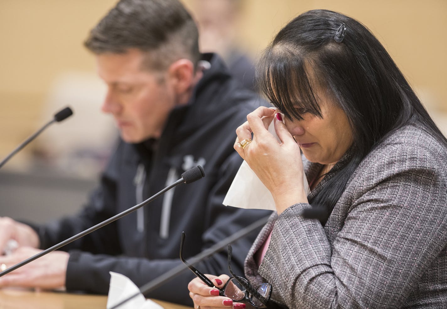 Applicant Denise Schmitt gets emotional while speaking to the Minnesota Board of Pardons to be granted a pardon extraordinary from a charge of theft. Schmitt was granted the pardon. ] (Leila Navidi/Star Tribune) leila.navidi@startribune.com BACKGROUND INFORMATION: The Minnesota Board of Pardons hear cases inside the Senate Building in St. Paul on Wednesday, December 14, 2016. Twice a year, people looking to be pardoned for their crimes in Minnesota get the chance to do something unusual: plead t