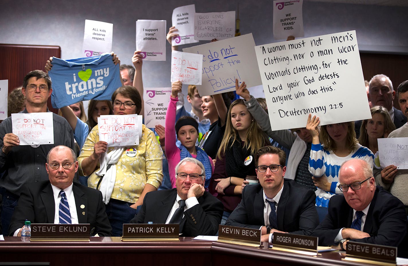 Supporters and those who do not support the Model Gender Identity Participation in the MSHSL activities policy attended a meeting of the Minnesota State High School League board on Dec. 4, 2014.