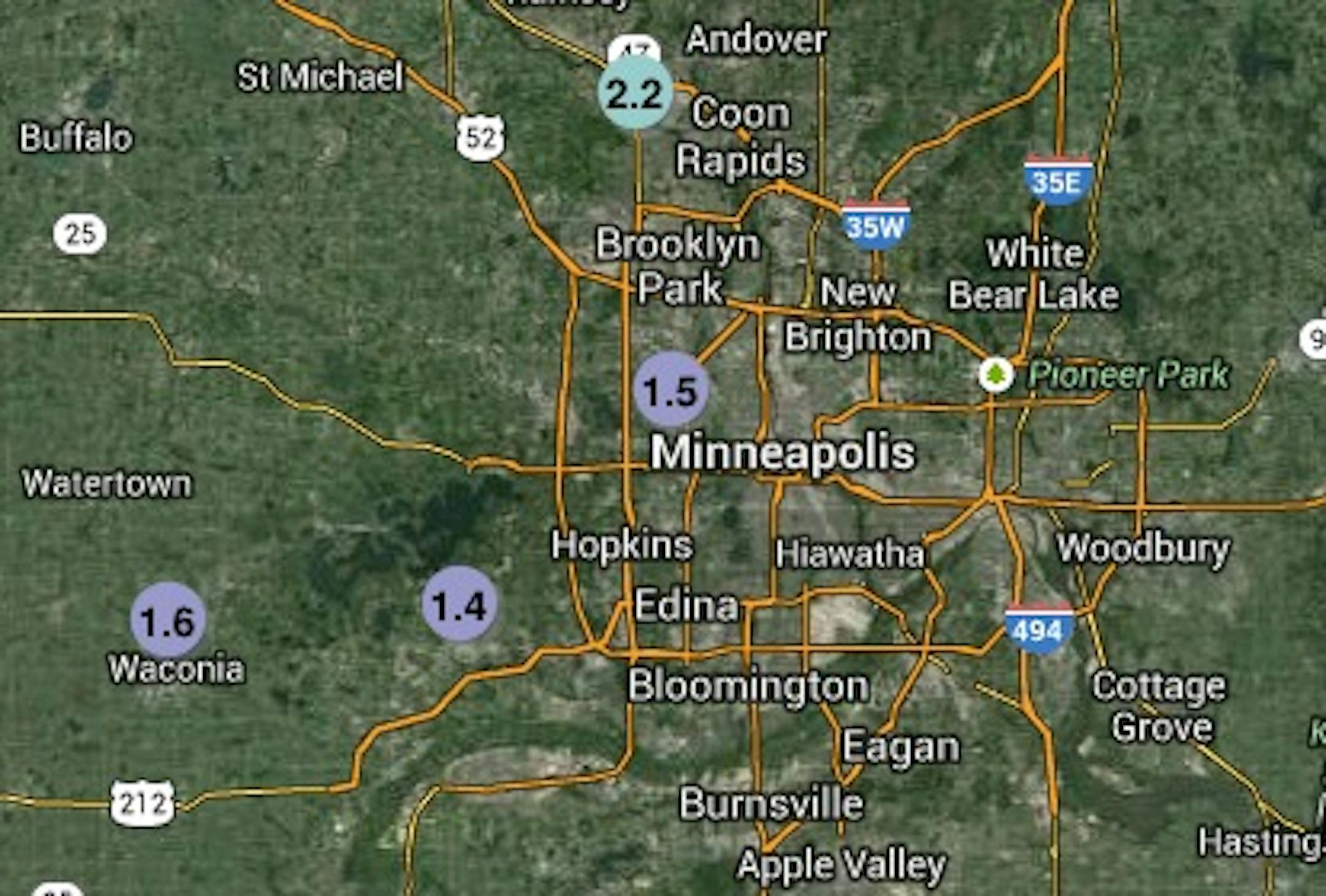Snowfall totals in the Twin Cities area as of 8 a.m. on Wednesday.