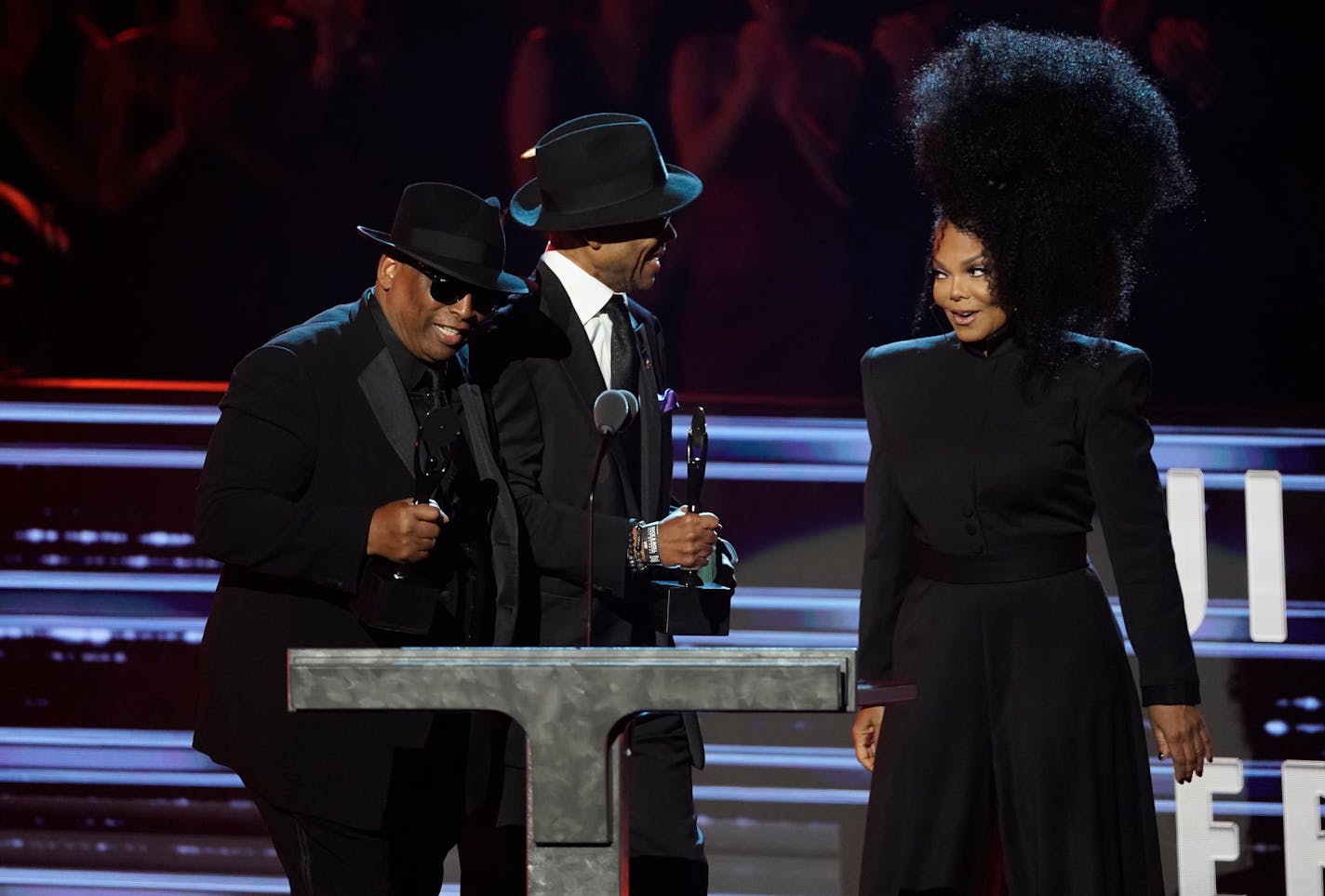 Janet Jackson, right, introduces inductees Terry Lewis, left, and Jimmy Jam during the Rock &amp; Roll Hall of Fame Induction Ceremony on Saturday, Nov. 5, 2022, at the Microsoft Theater in Los Angeles. (AP Photo/Chris Pizzello)