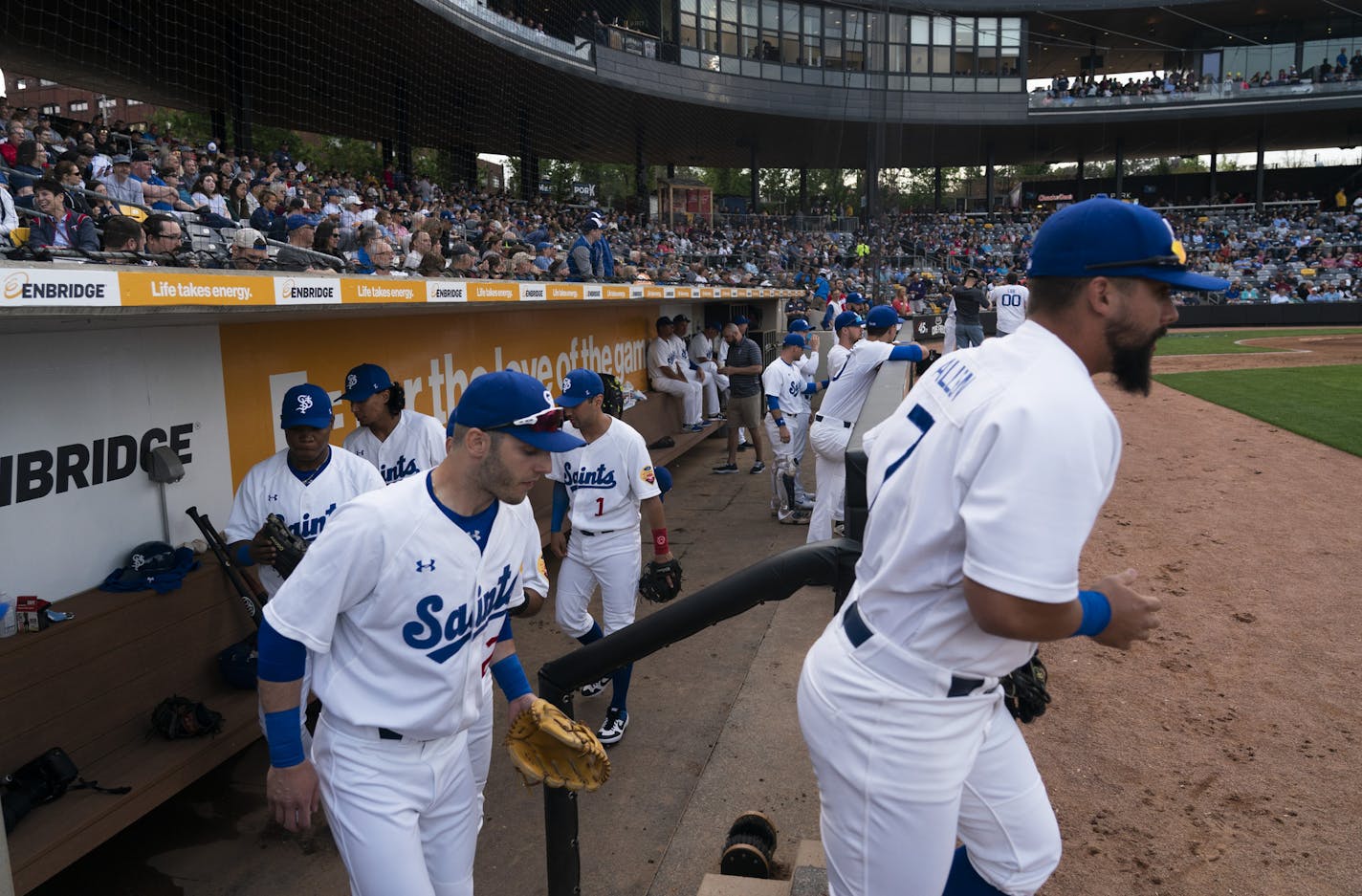 Saints players took to the field for the St. Paul Saints home opener at CHS field in St. Paul, Minn., on Thursday, May 16, 2019. ] RENEE JONES SCHNEIDER &#xa5; renee.jones@startribune.com