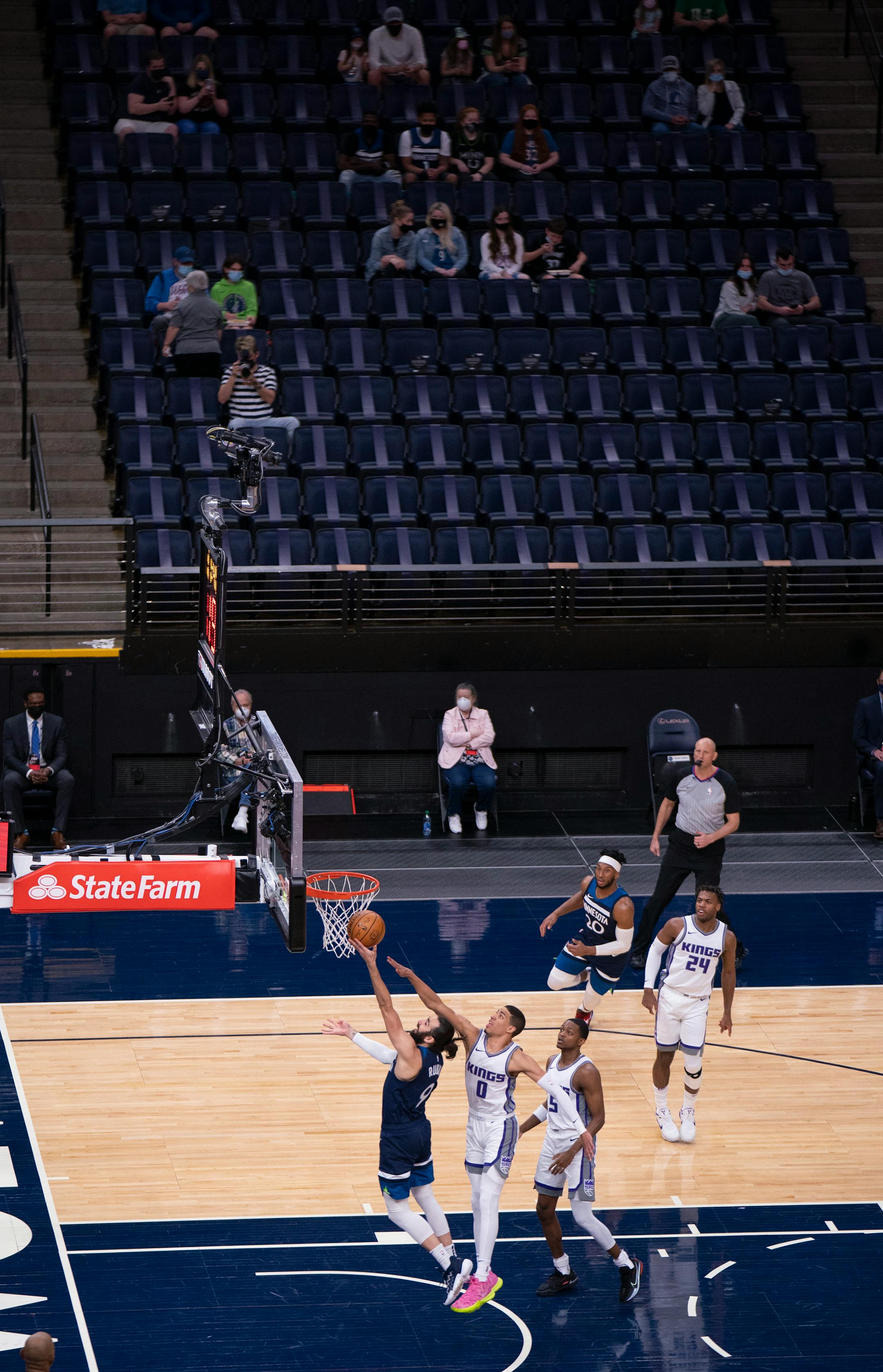 Minnesota Timberwolves guard Ricky Rubio (9) scored the first points of the game on this layup.