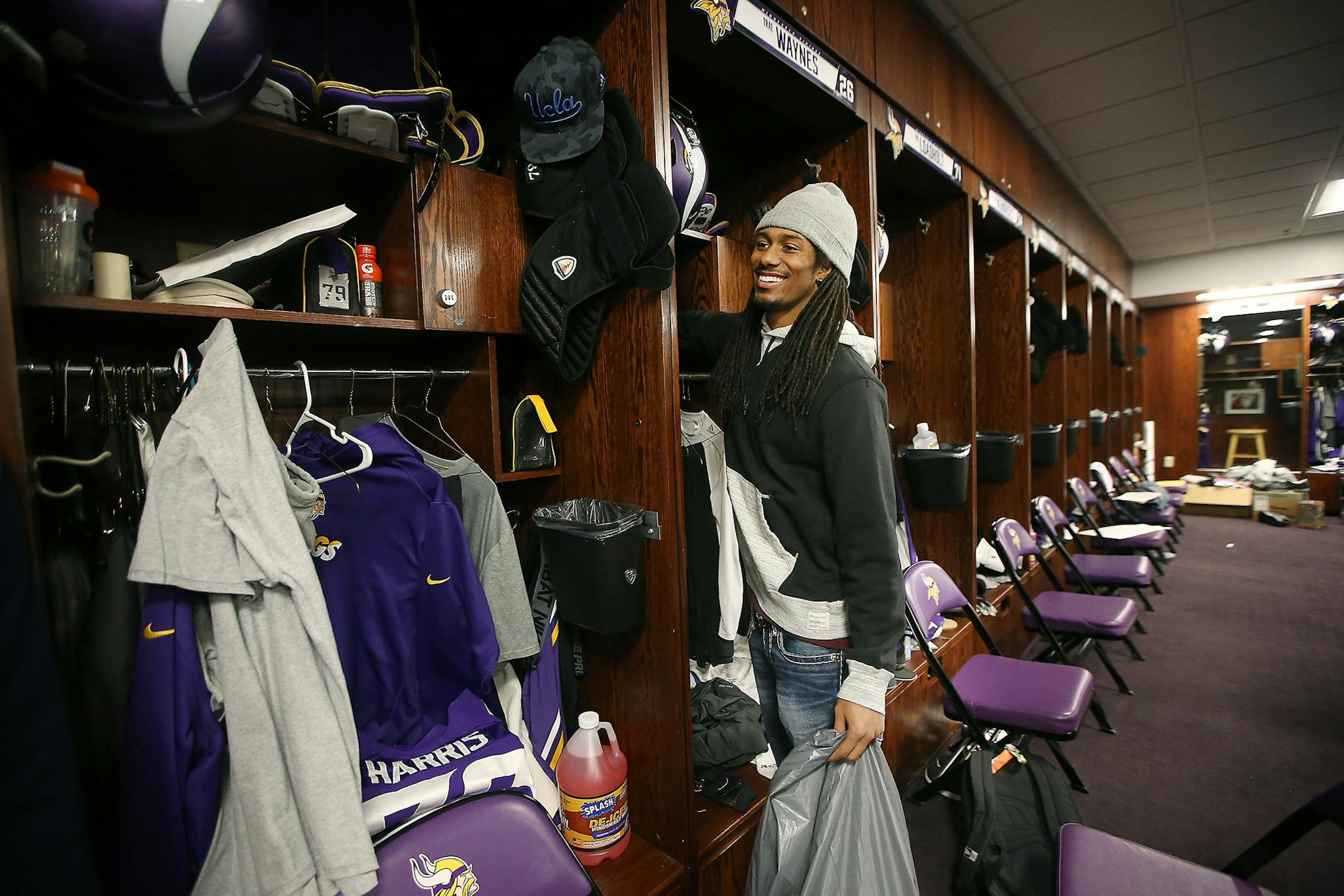 Minnesota Vikings Trae Waynes was all smiles as he cleaned out his locker at Winter Park, Monday, January 11, 2016 in Eden Prairie, MN.