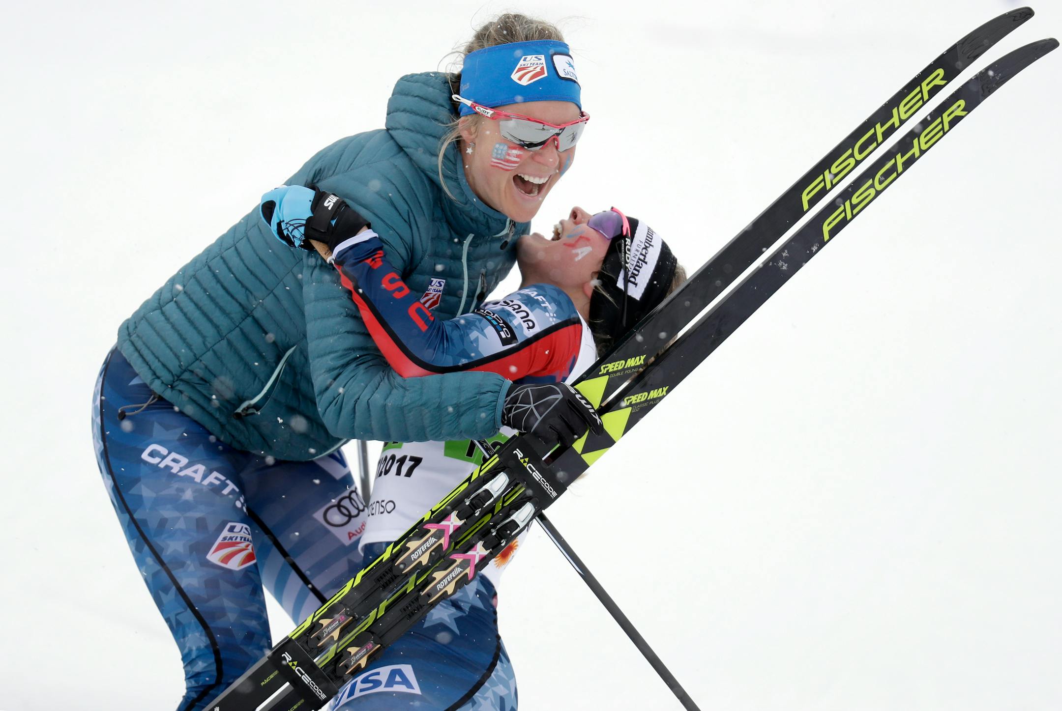 The United States' Sadie Bjornsen, left, and Afton skier Jessie Diggins celebrated after earning the bronze medal in the women's 6 x 1.3 km team sprint classic competition at the 2017 Nordic Skiing World Championships in Lahti, Finland, on Sunday.