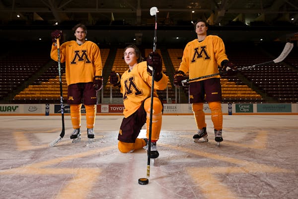 From left, Gophers forwards Jimmy Snuggerud, Logan Cooley and Matthew Knies have combined for 59 goals and 79 assists this season.