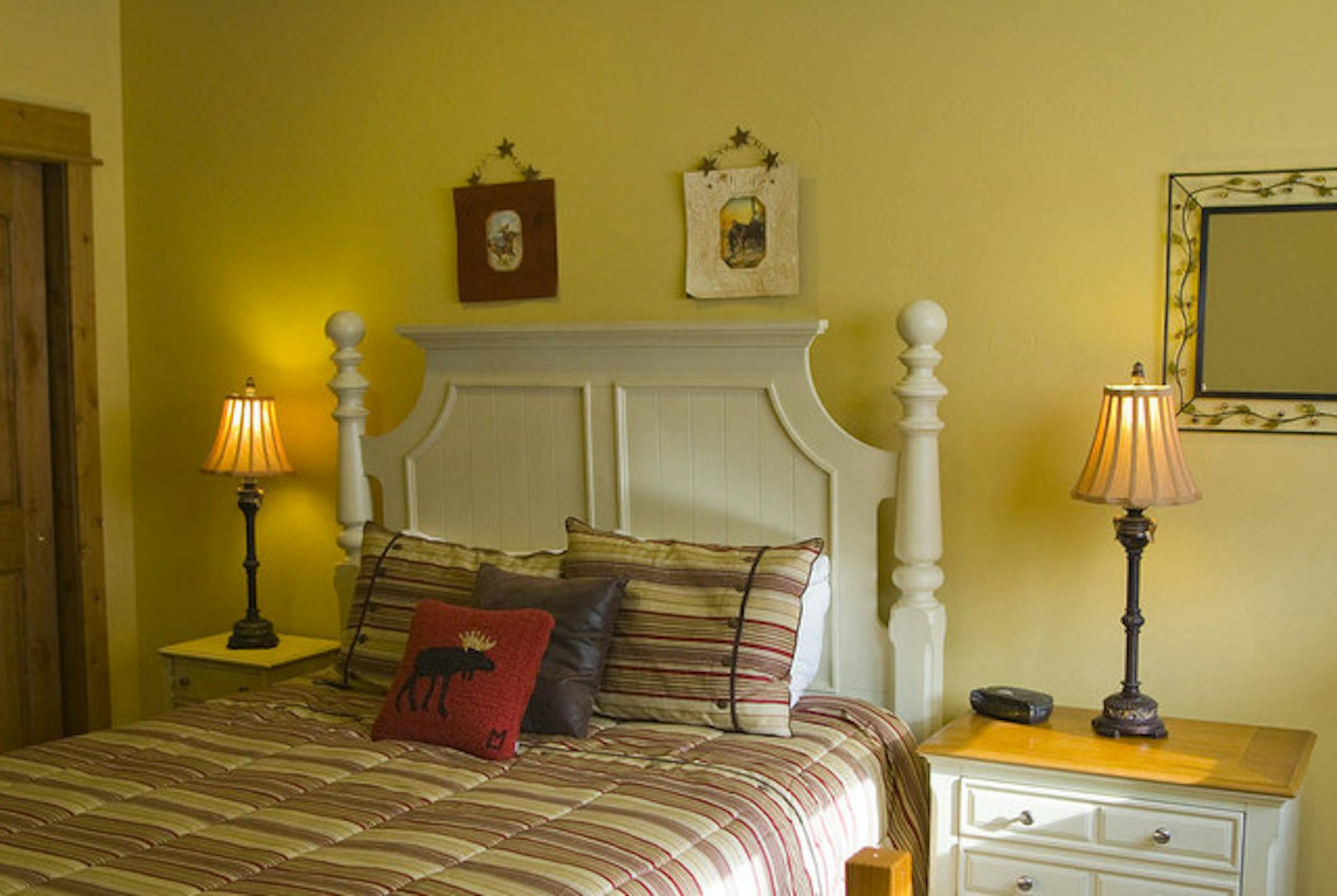 A bedroom in the Harringtons’ condo in Big Sky Resort.