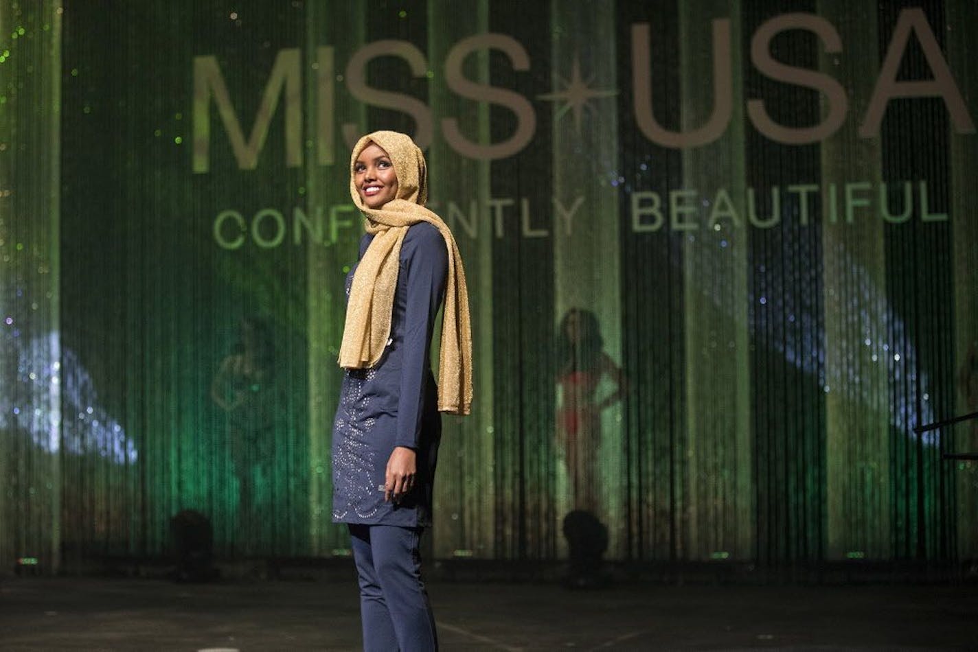 Halima Aden wears a burkini while competing in the preliminary bathing suit round of the Miss Minnesota USA pageant on Nov. 26, 2016 in Burnsville, Minn. (Leila Navidi/Minneapolis Star Tribune/TNS) ORG XMIT: 1193748 ORG XMIT: MIN1611281025462757