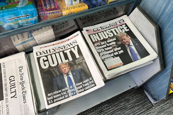 Newspapers are on display at a bodega in the Brooklyn borough of New York a day after a New York jury found former President Donald Trump guilty of 34