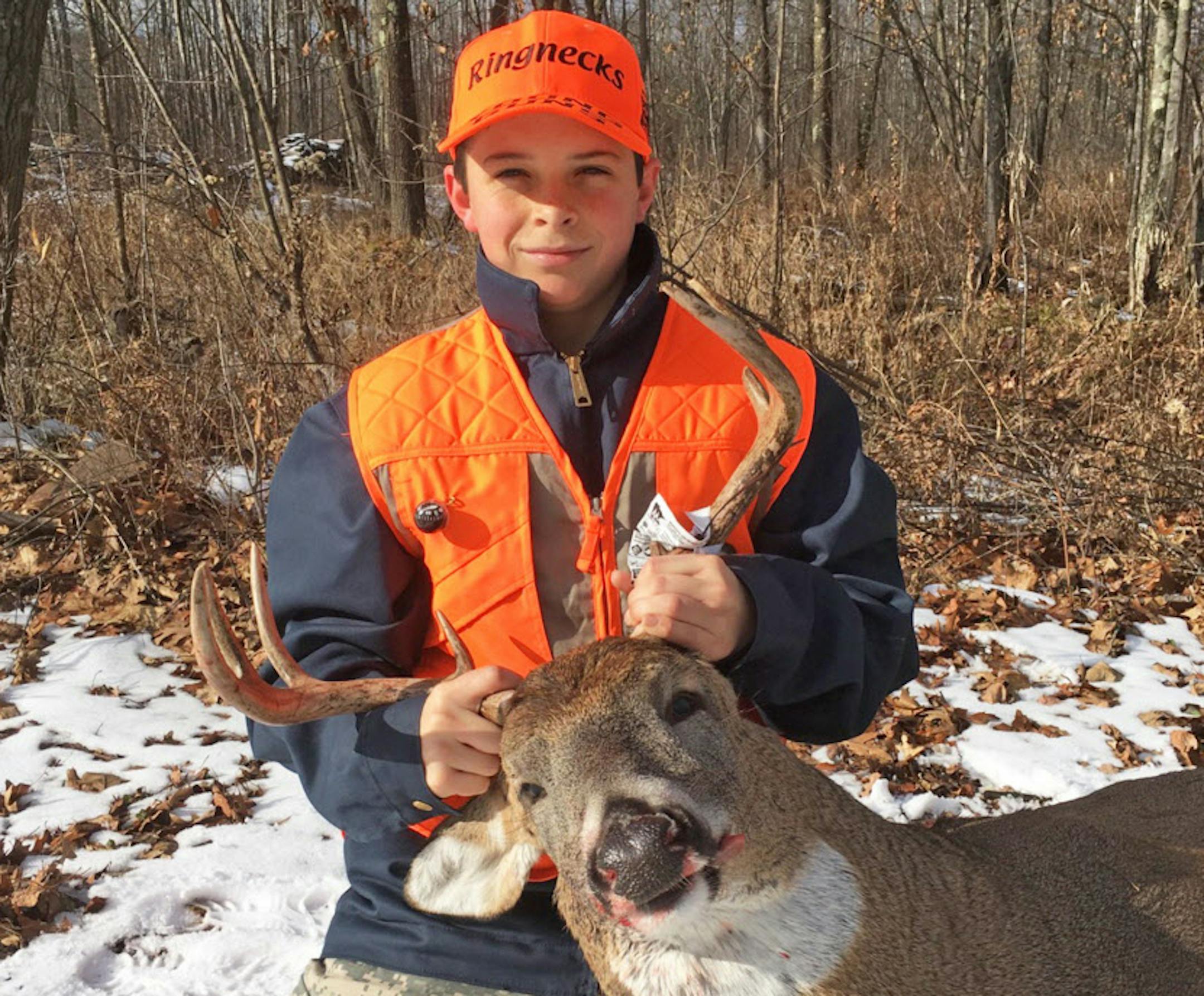 Ethan Zdon, 15, of Isanti, shot this 8-point buck Sunday morning of the second weekend of the firearms season last year. He was hunting near Ogilvie and using his grandfatherÌs Swedish Mauser bolt-action rifle. That was his 3rd year of deer hunting. Readers are encouraged to email photos of themselves and deer taken this year to tony.kennedy@startribune.com. ORG XMIT: MIN1712041254158073