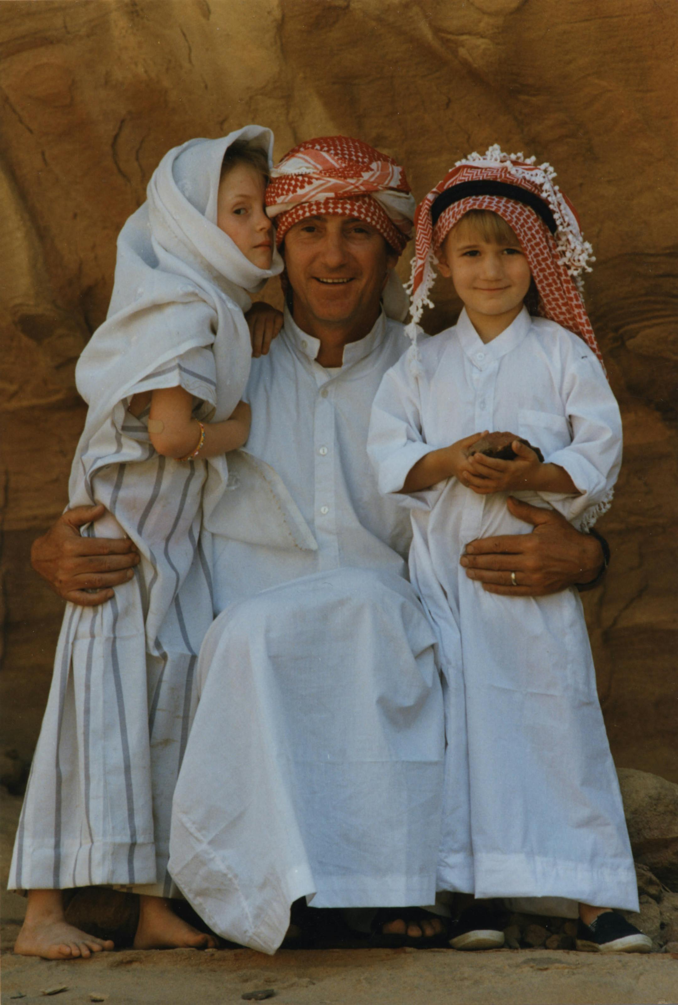 Belts' daughter Lily, husband Don and son Charlie. Picture was taken in Wadi Rum, Jordan, during a camping trip with Bedouin friends during a National Geographic Magazine story about Lawrence of Arabia.