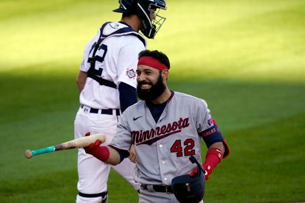 The Twins' Marwin Gonzalez reacted after striking out to end the game during the second game of a doubleheader against at Detroit on Saturday. After S