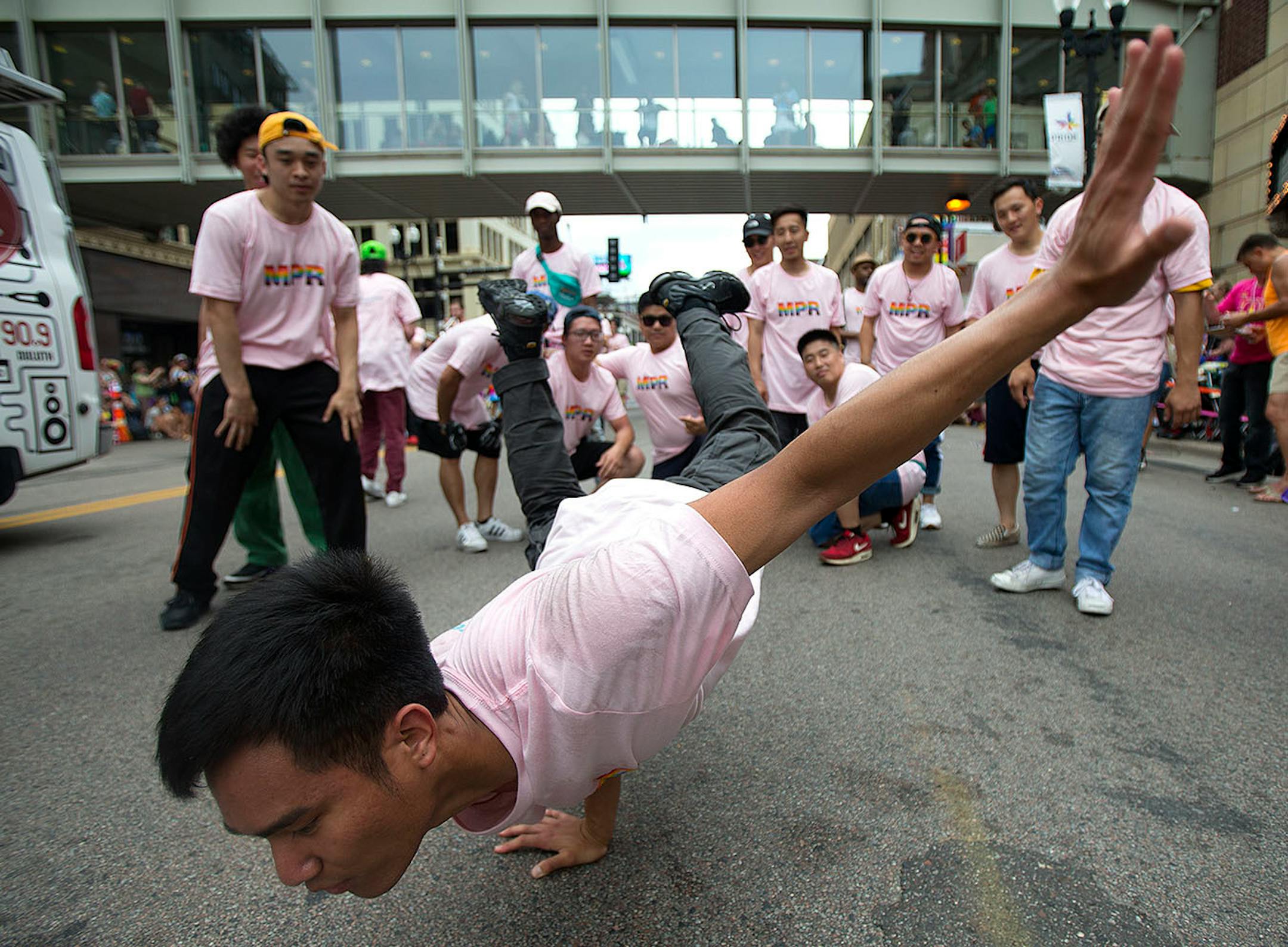 Street dancers performed with MPR at the pride parade on Sunday.