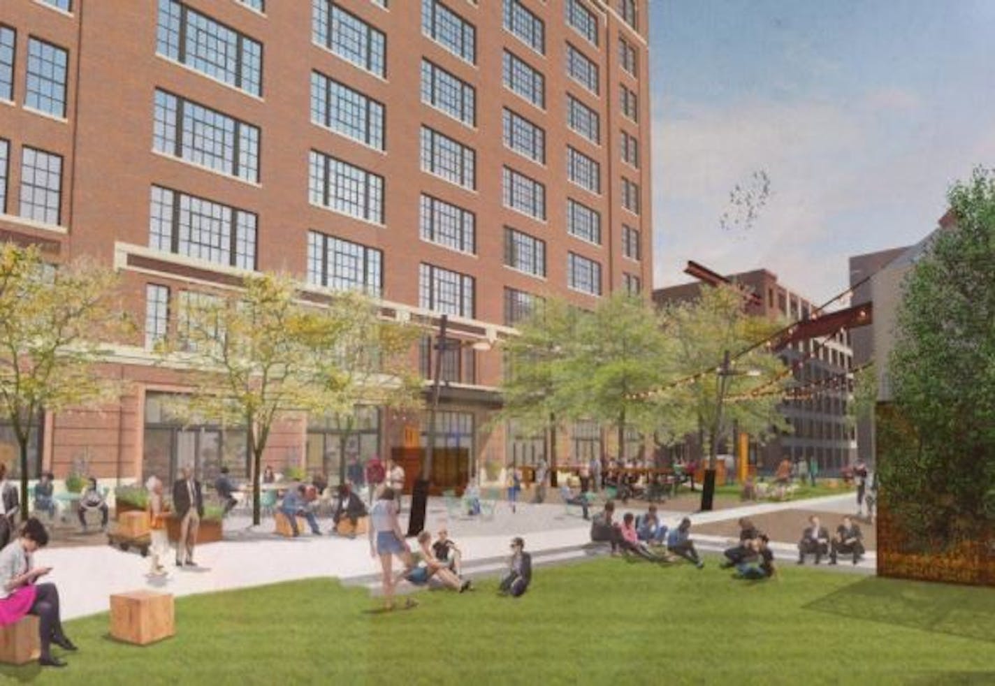 The Nordic, shown in a rendering, will feature 57 apartments, a seven-level parking garage, office and retail space, and a public plaza along Washington Avenue.