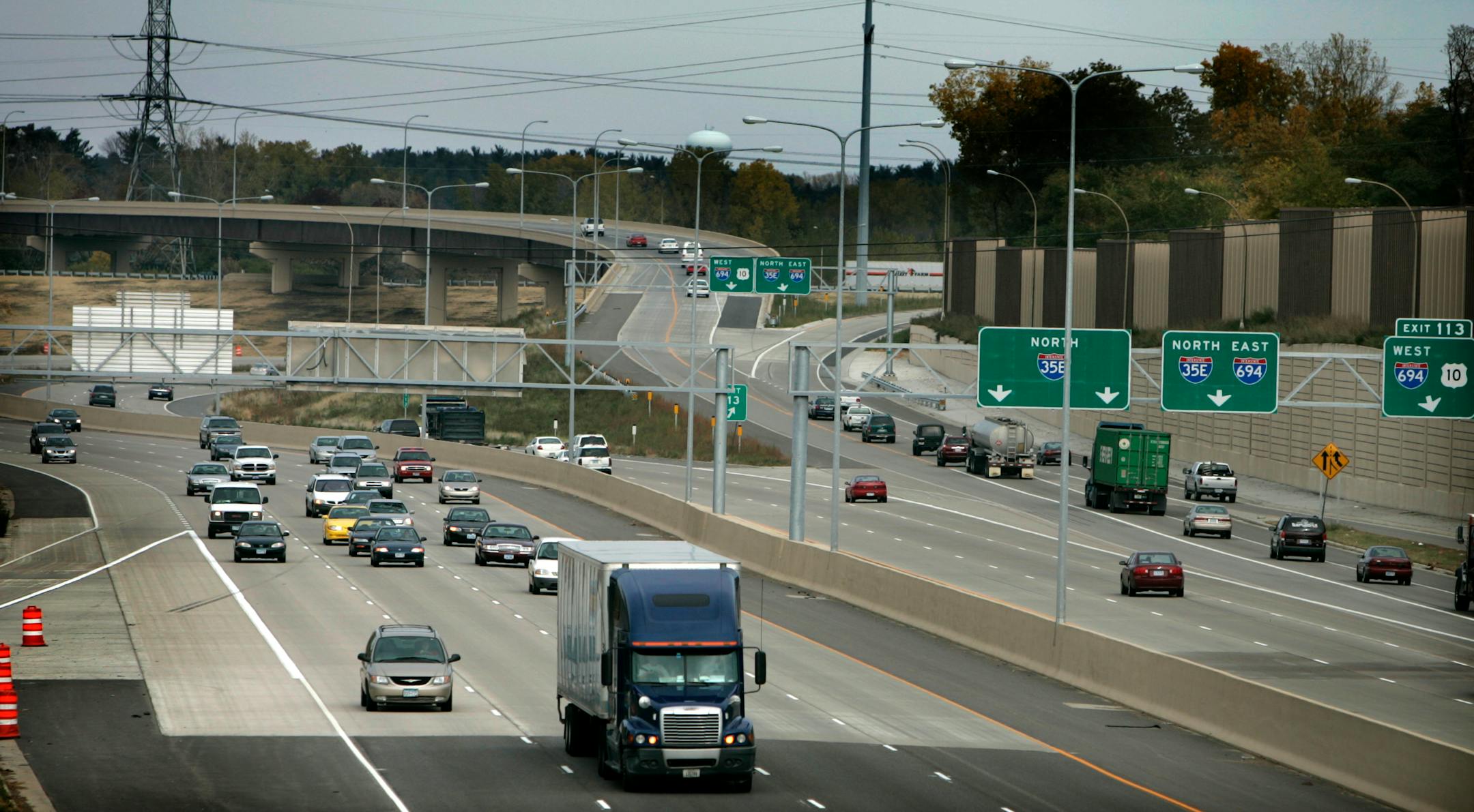 Traffic flows smoothly near the rebuilt junction of I-35E and I-694 which recently reopened.