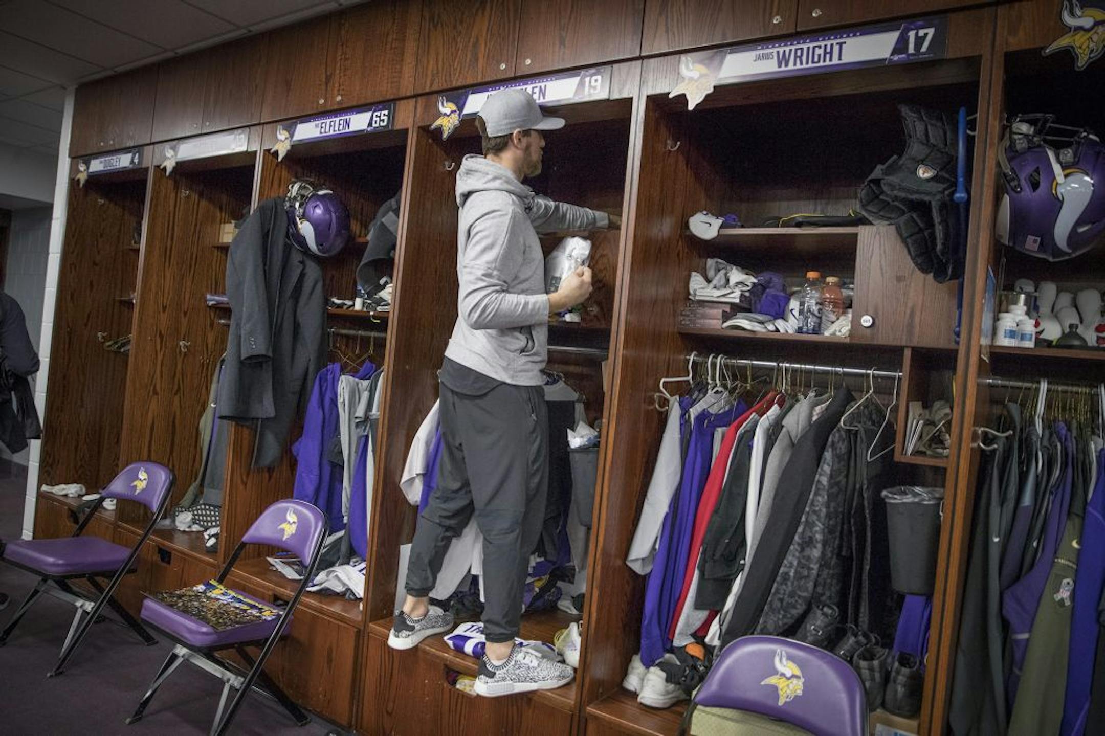 Minnesota Vikings wide receiver Adam Thielen cleaned out his locker at Winter Park, Monday, January 22, 2018 in Eden Prairie, MN.