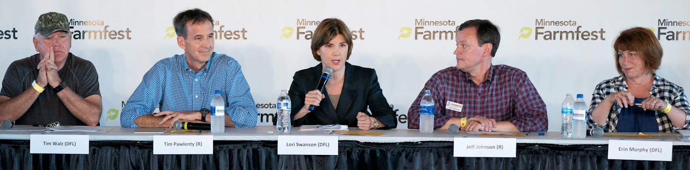 All five leading candidates for governor - Republicans Tim Pawlenty and Jeff Johnson, and DFLers Tim Walz, Lori Swanson and Erin Murphy - shared a stage for a forum at the FarmFest ag expo. ] GLEN STUBBE &#xef; glen.stubbe@startribune.com Wednesday, August 8, 2018 All five leading candidates for governor - Republicans Tim Pawlenty and Jeff Johnson, and DFLers Erin Murphy, Lori Swanson and Tim Walz - shared a stage for a forum at the FarmFest ag expo in southwestern Minnesota. It's the first and