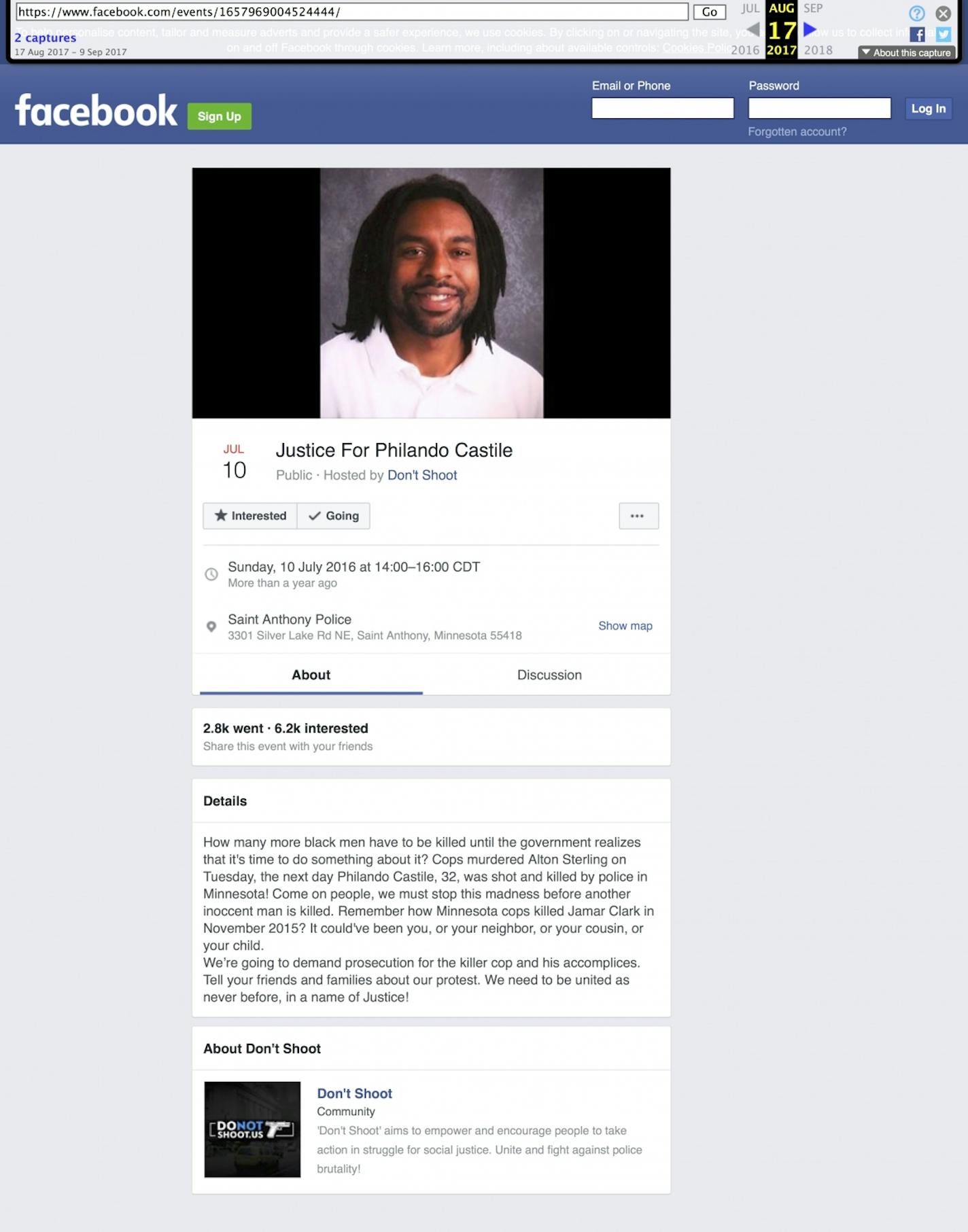 This is a cached version of the event page, which is no longer available. A group called "Don't Shoot" hosted this Facebook page about a Philando Castile protest in July, 2016. Local organizers were suspicious and said the group was from out of town, but did not believe that it had any Russian connection.