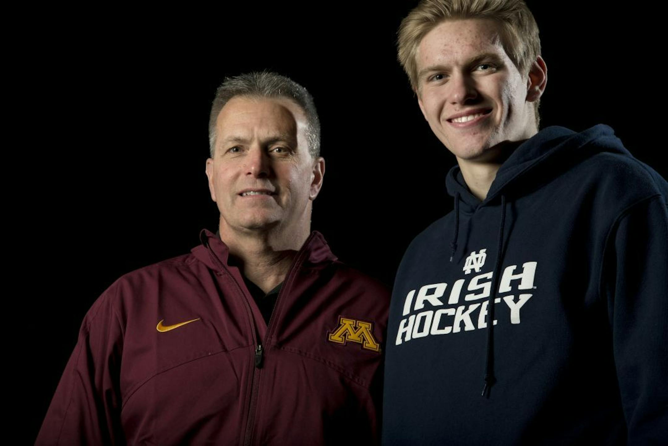 University of Minnesota head hockey coach Don Lucia and his son Mario who is a standout player at Notre Dame.