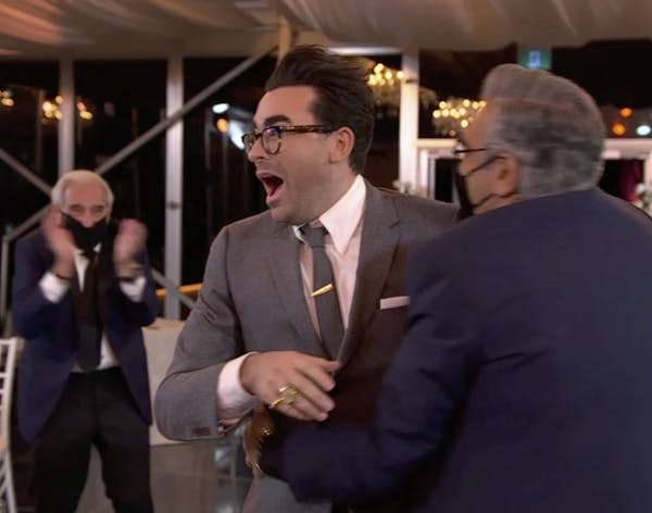 Daniel Levy and his dad, Eugene Levy, celebrated their seven wins for "Schitt's Creek" from a tent party at Eugene's home.