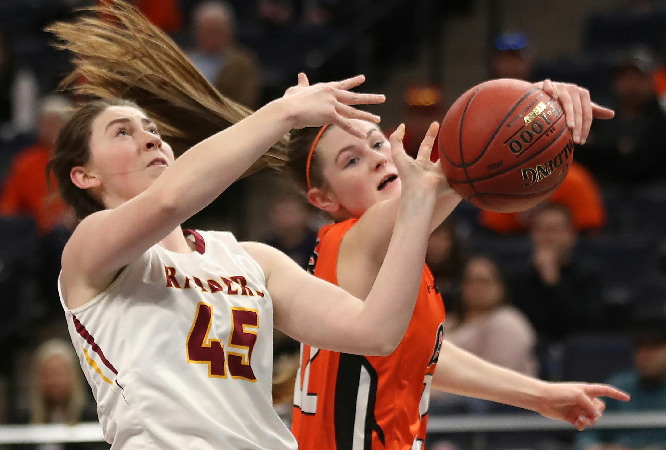 Thunderhawks Maggie Miska tipped the ball away from Raiders Annalee Olson-Sola during girls class 3A semifinals action at Target Center Thursday March 15, 2018 in Minneapolis, MN.] The Northfield Raiders beat Grand Rapids Thunderhawks 64-54 at Target Center. JERRY HOLT ï jerry.holt@startribune.com