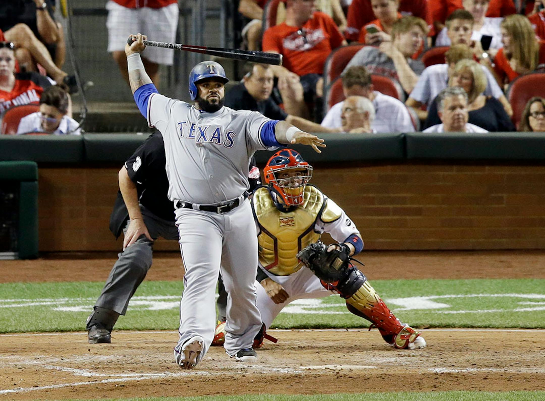 American League's Prince Fielder, of the Texas Rangers, hits a sacrifice fly during the seventh inning of the MLB All-Star baseball game, Tuesday, July 14, 2015, in Cincinnati.